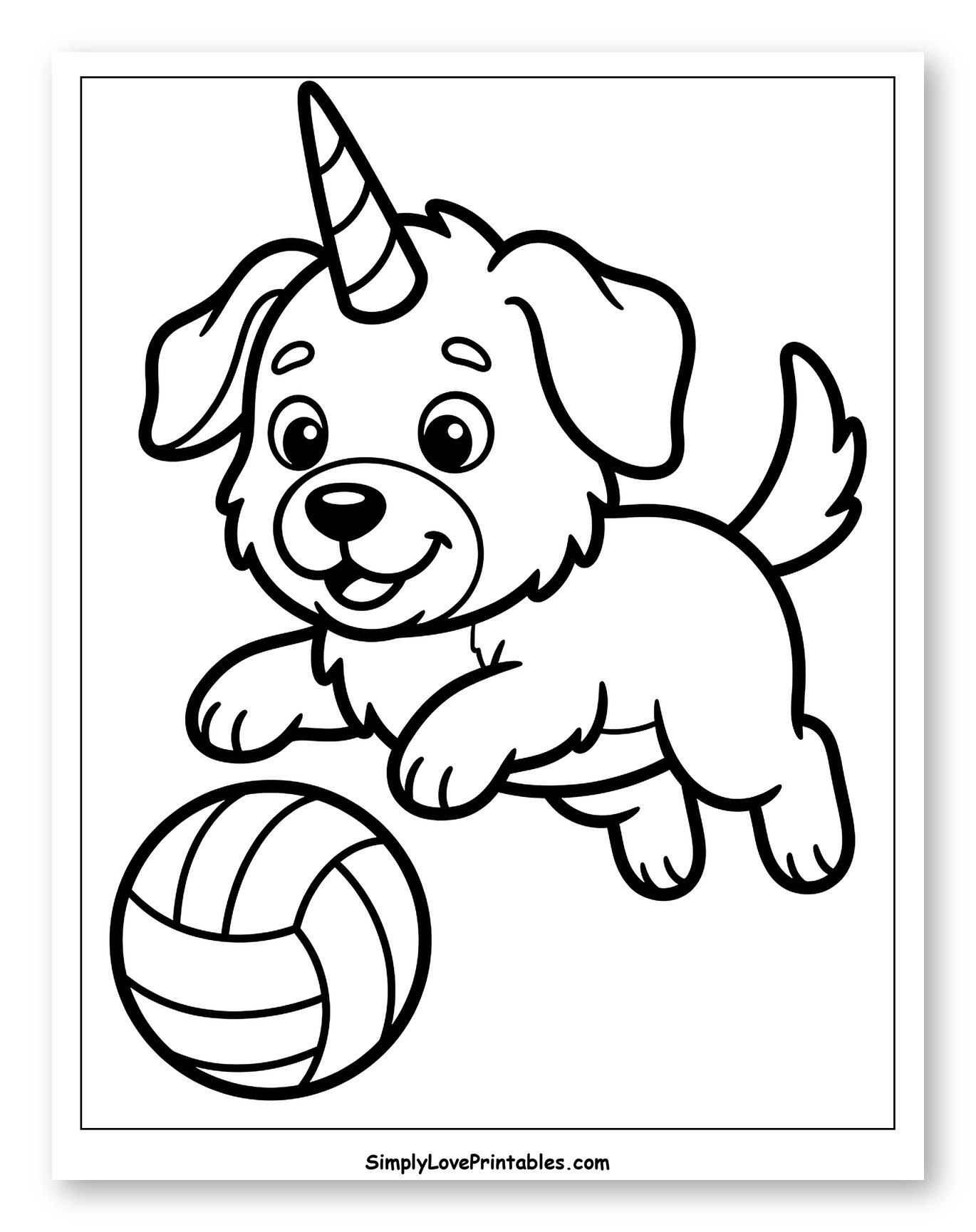 Playful Unicorn Dog Pouncing on Volleyball