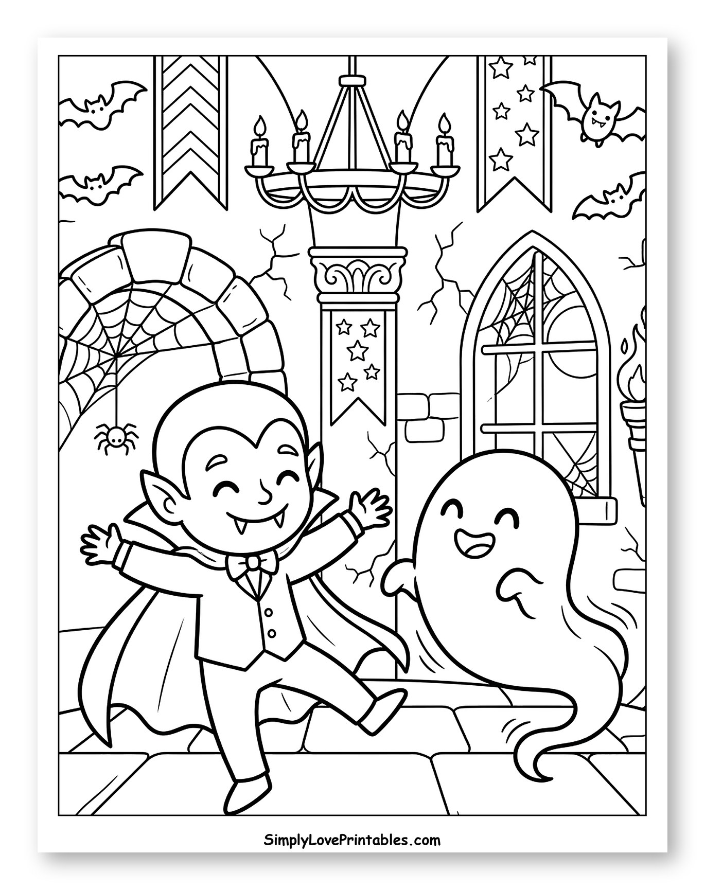 Playful Vampire and Ghost in a Haunted Castle Coloring Page for Kids