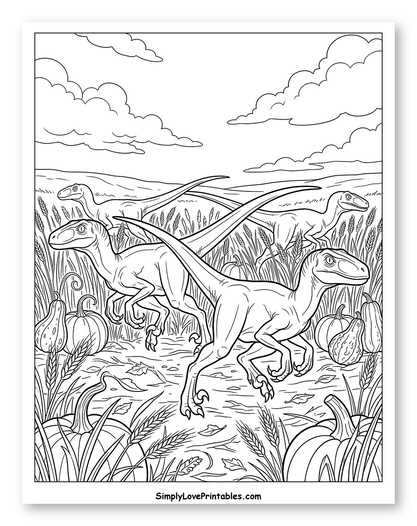 Playful Velociraptors in an Autumn Pumpkin Patch