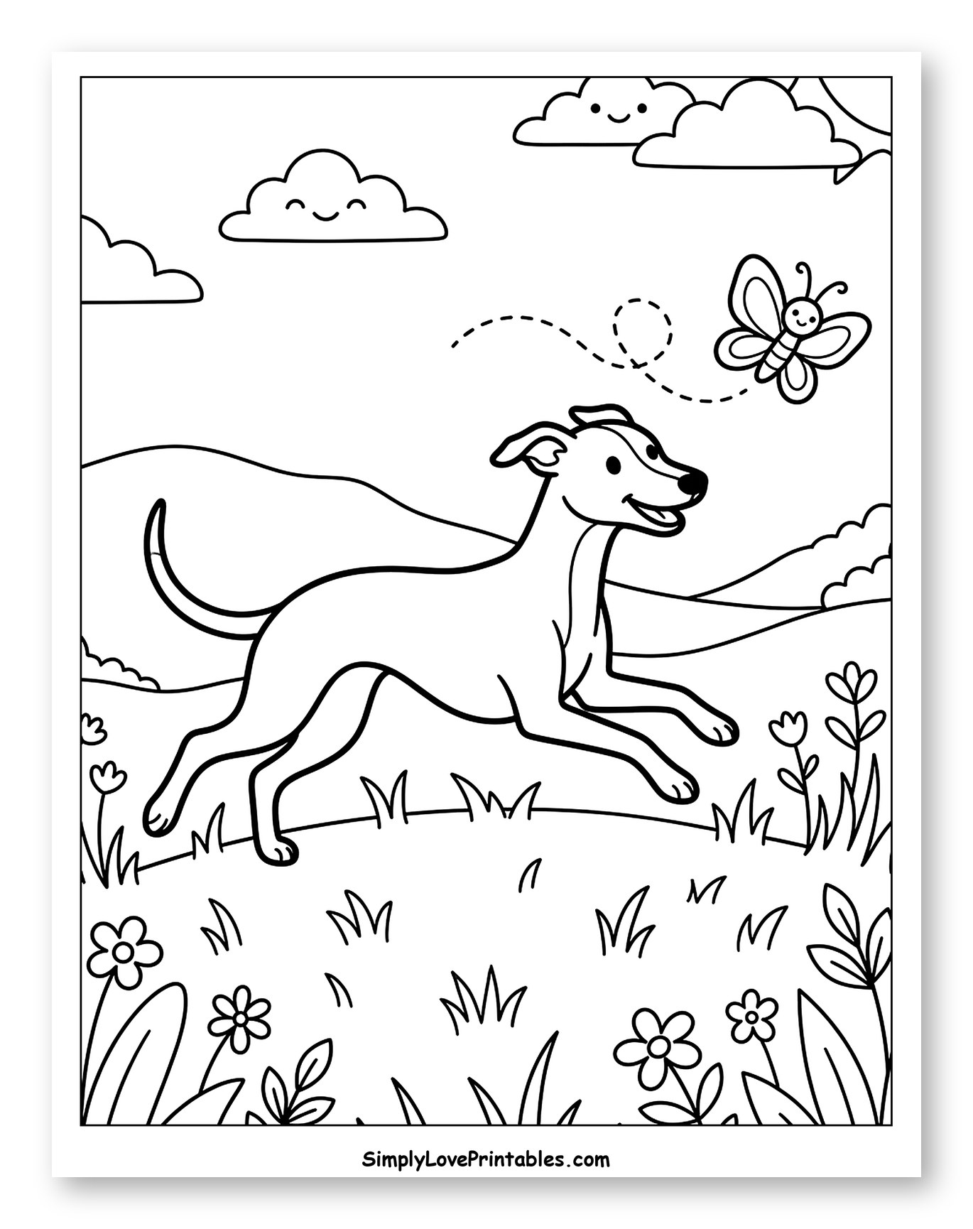 Playful Whippet and Butterfly in Springtime to Color for Kids