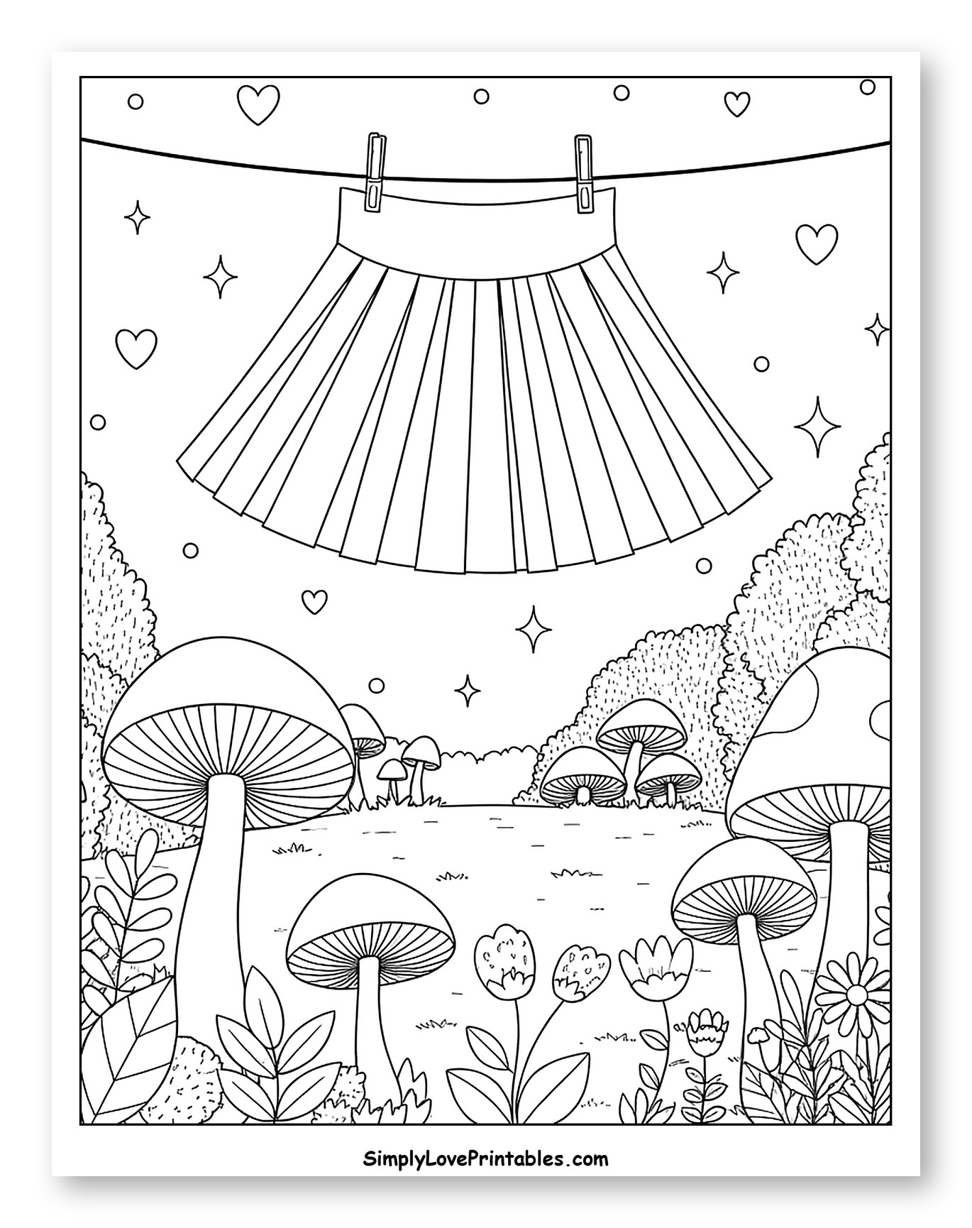 Pleated Skirt on Clothesline in Mushroom Forest to Color for Adults