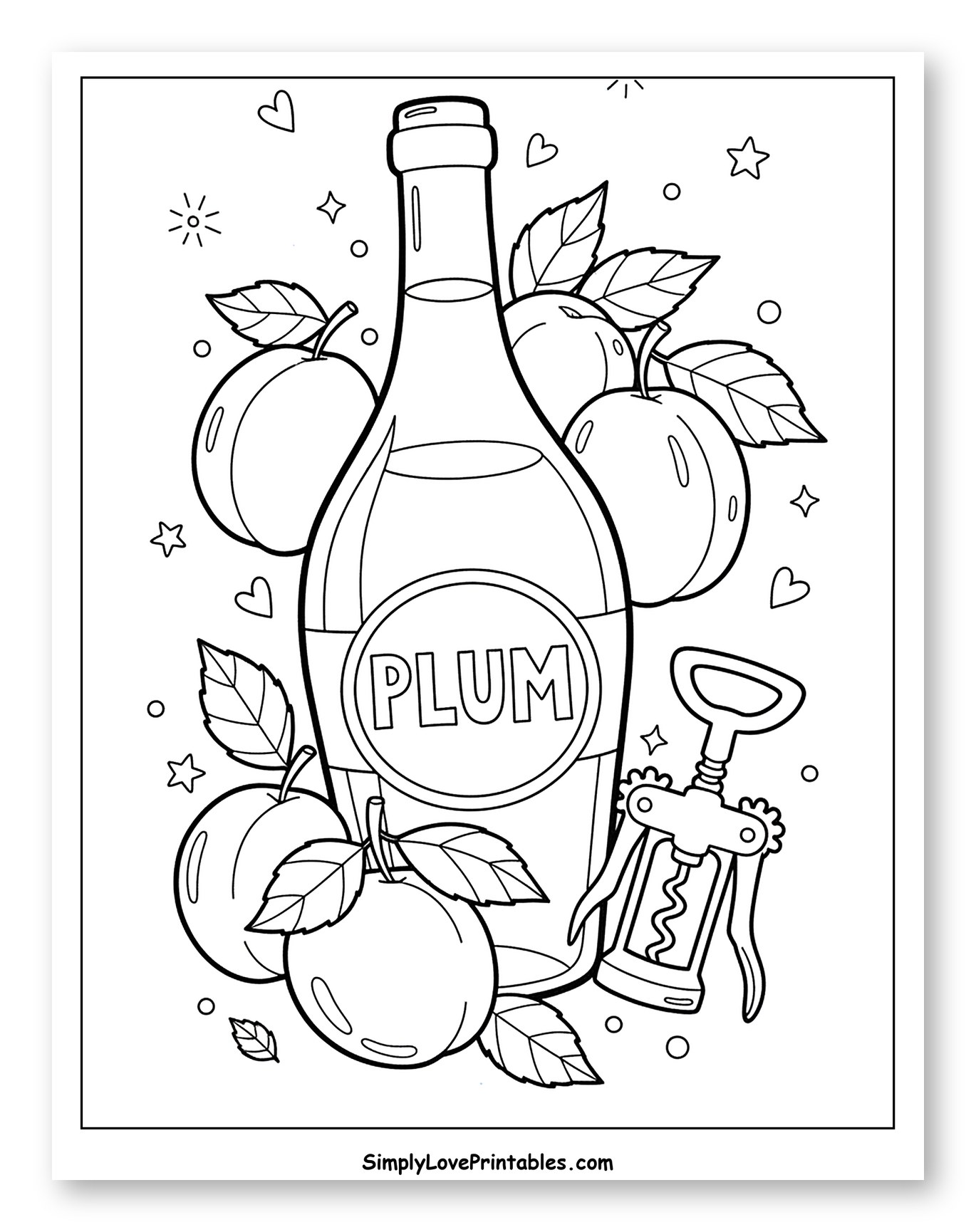 Plum Wine Bottle with Fresh Plums and Corkscrew to Color for Adults