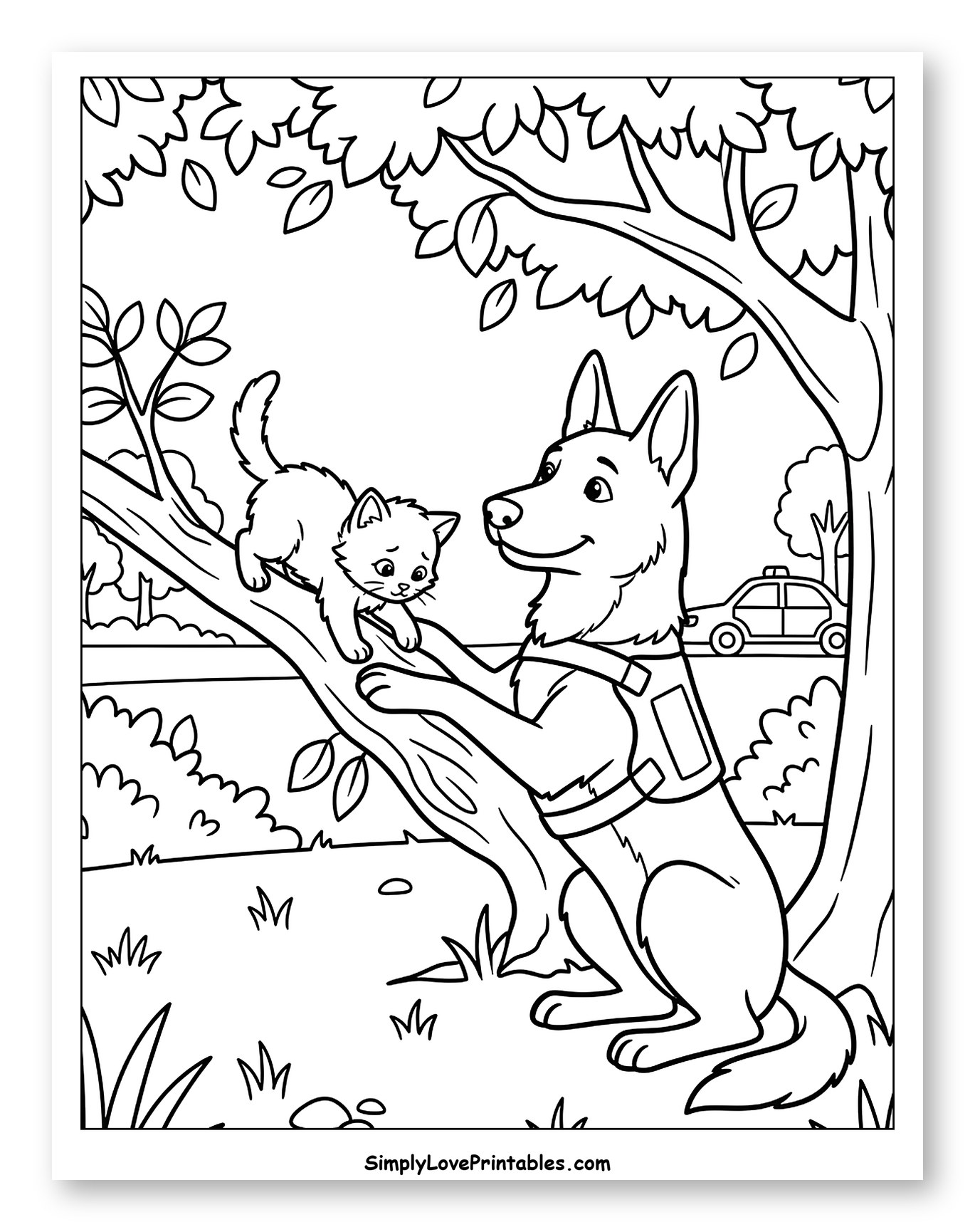 Police Dog Helping a Kitten from a Tree