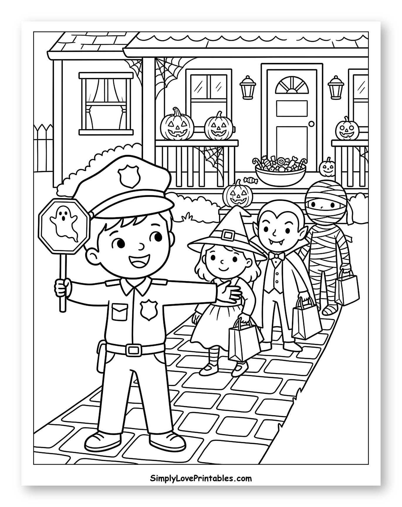 Police Officer Helping Trick-or-Treaters on Halloween