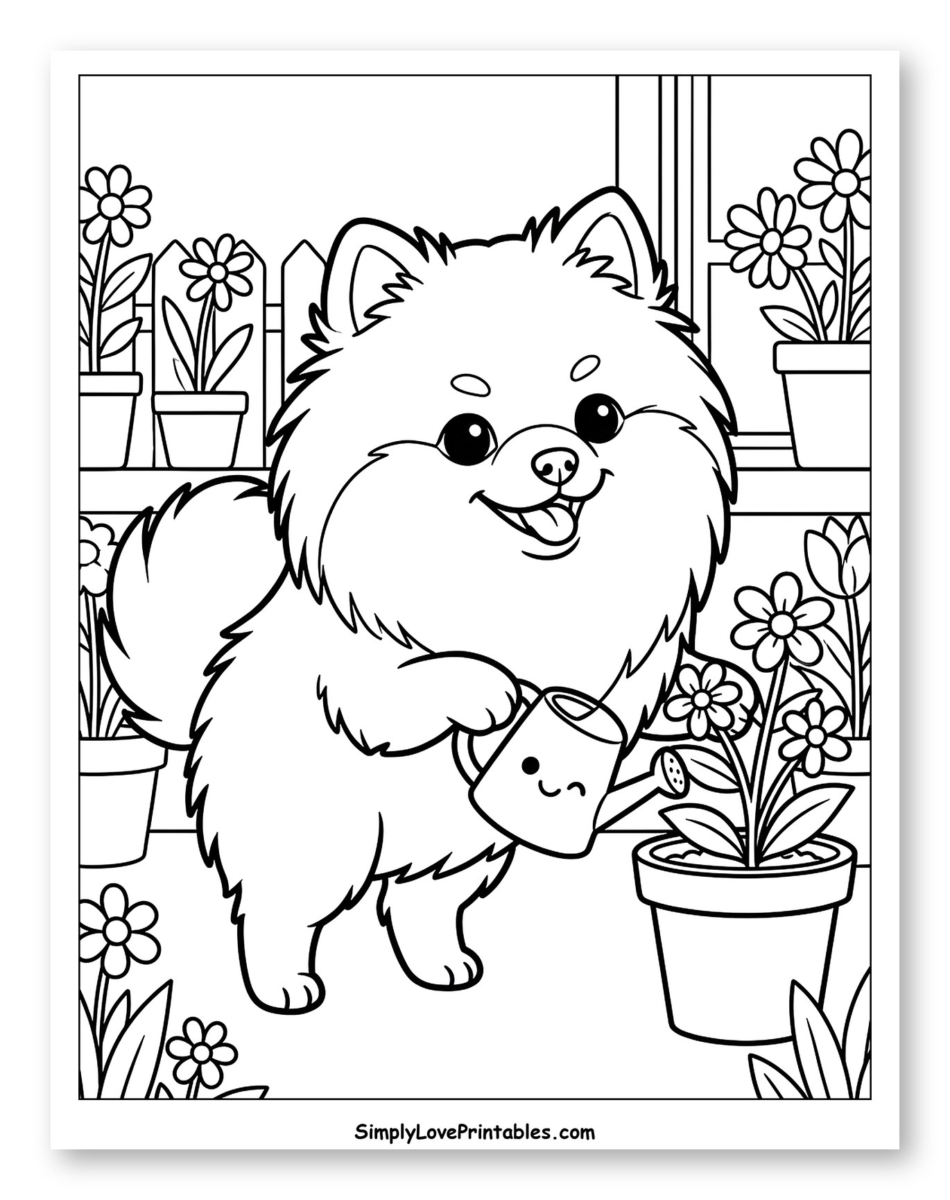 Pomeranian Dog Watering Potted Flowers