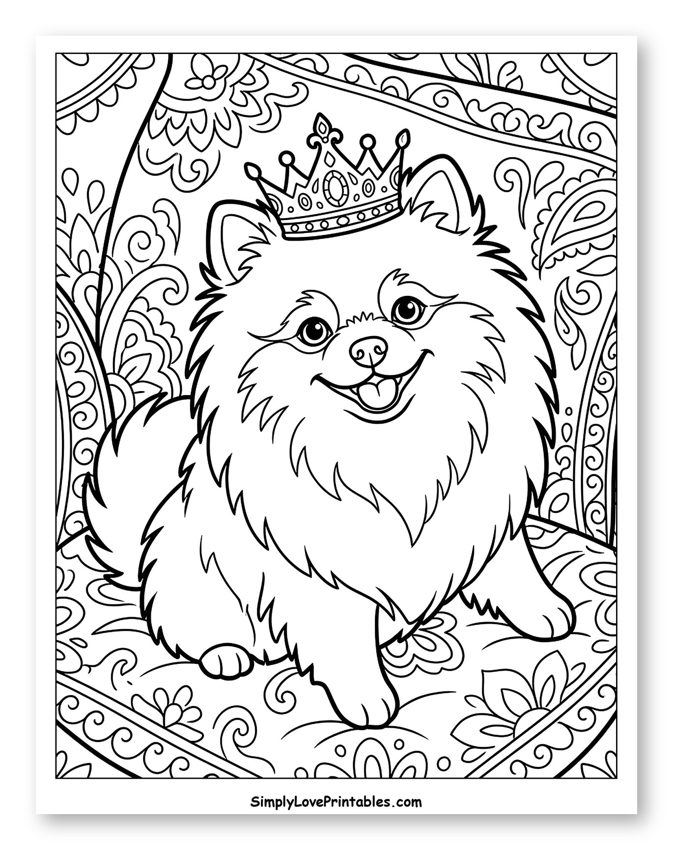Pomeranian Dog with Crown on Patterned Pillow