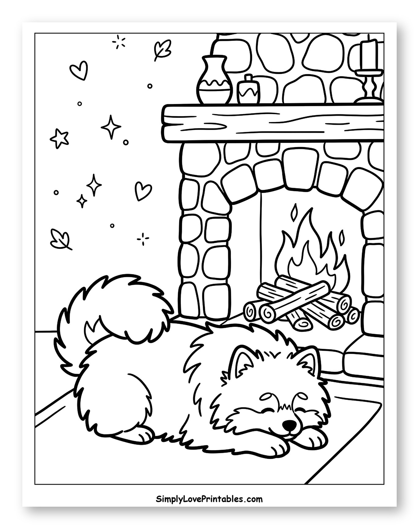 Pomeranian Sleeping by Cozy Fireplace Coloring Page for Adults