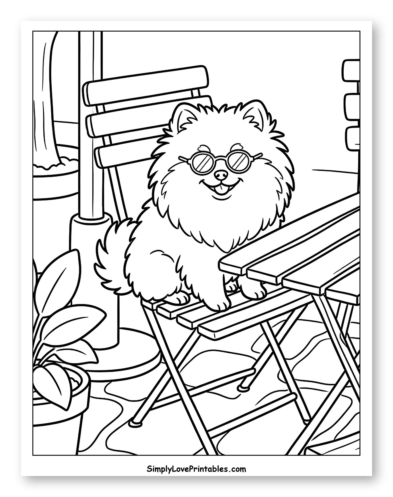Pomeranian with Glasses at Outdoor Cafe to Color for Kids