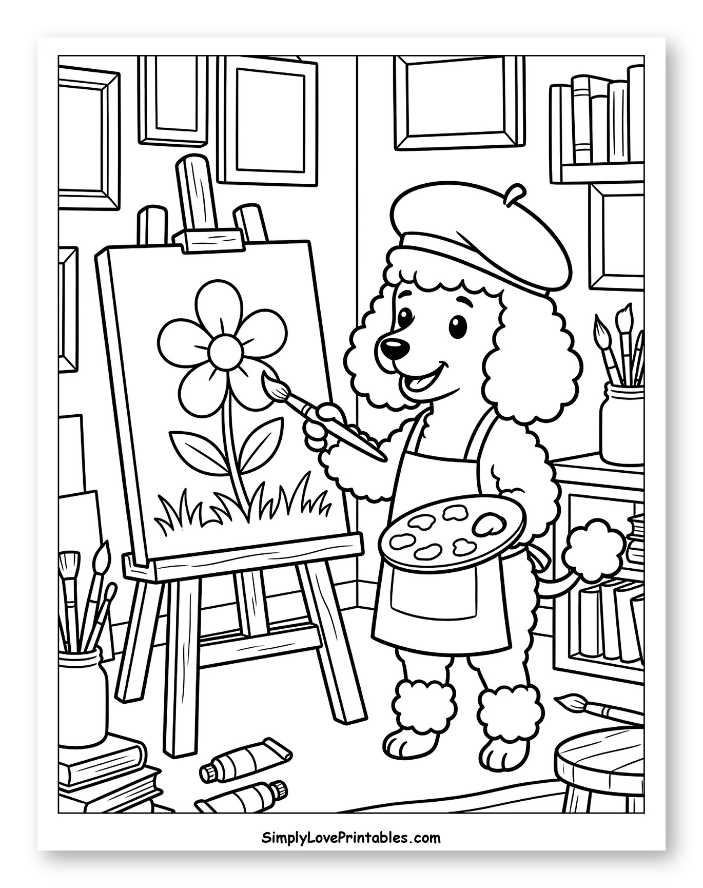 Poodle Artist Painting a Flower on an Easel