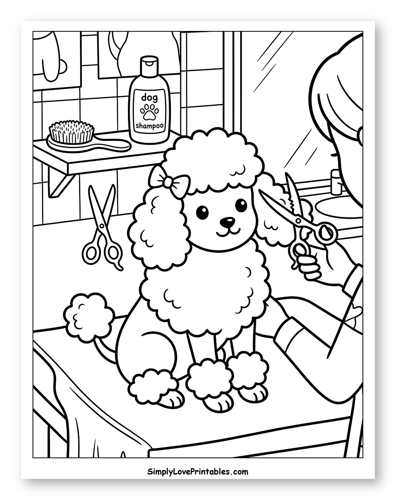 Poodle Getting a Haircut at the Groomer Coloring Page for Kids