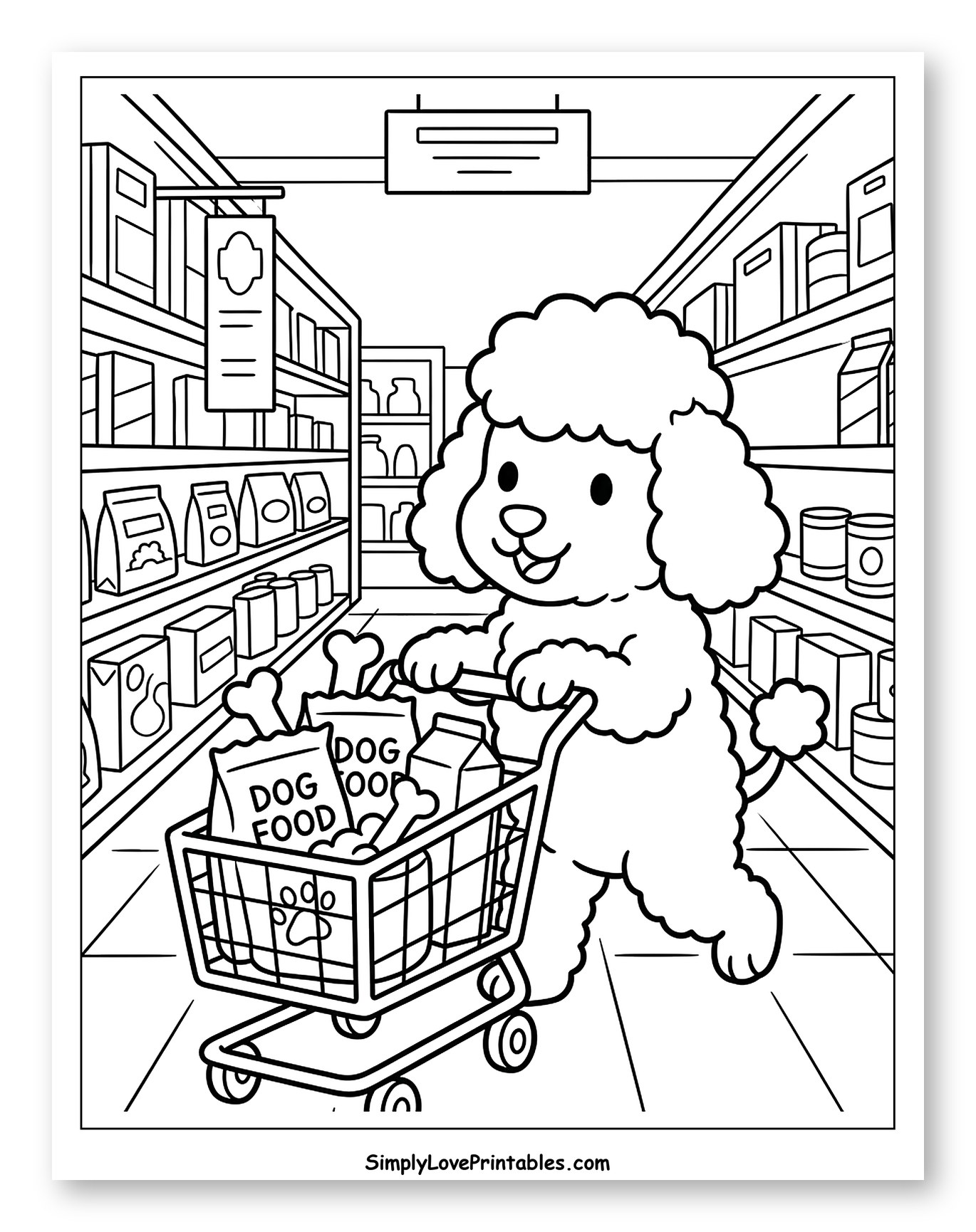 Poodle Shopping for Dog Food in Store to Color for Kids