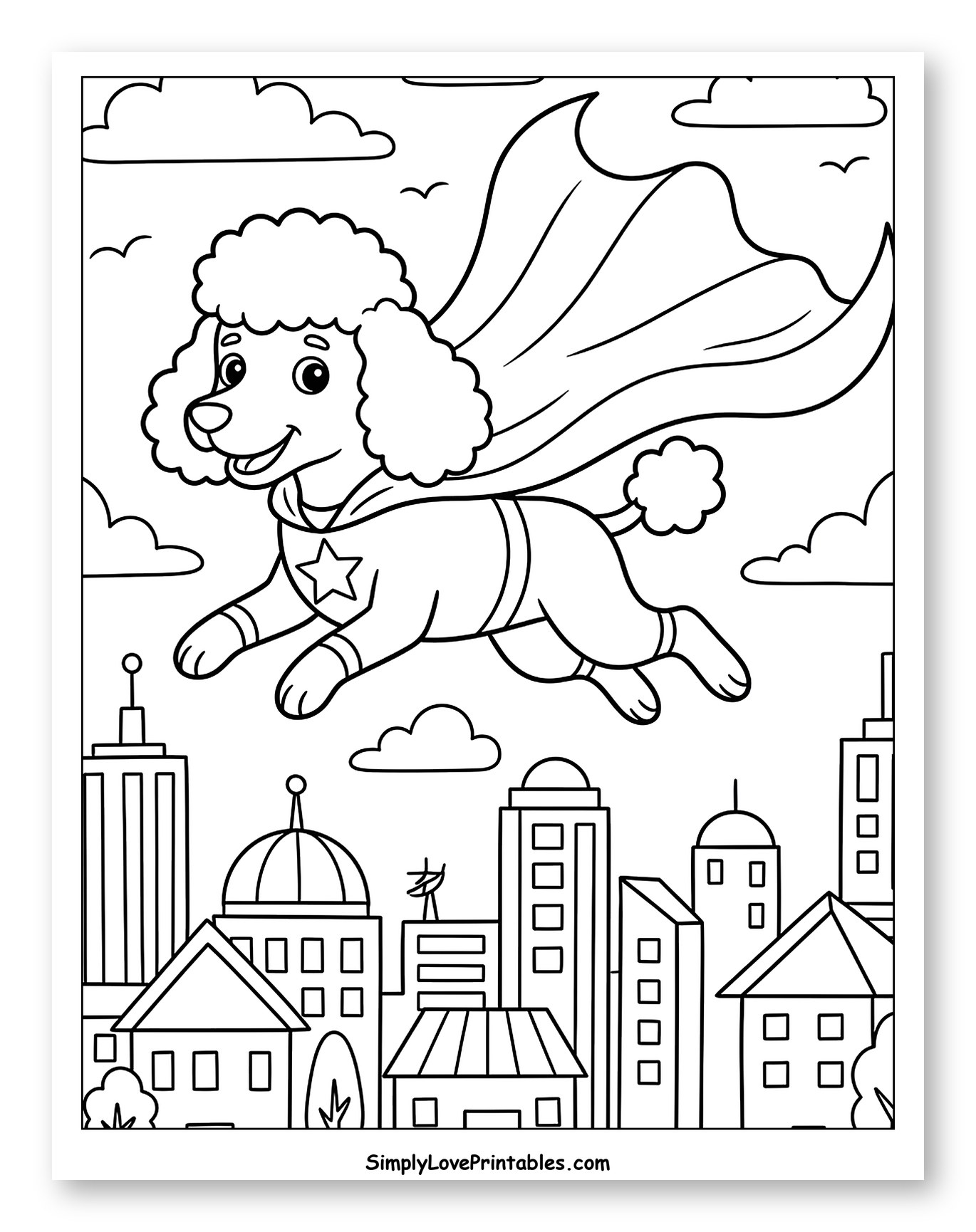 Poodle Superhero Flying Over City to Color for Kids