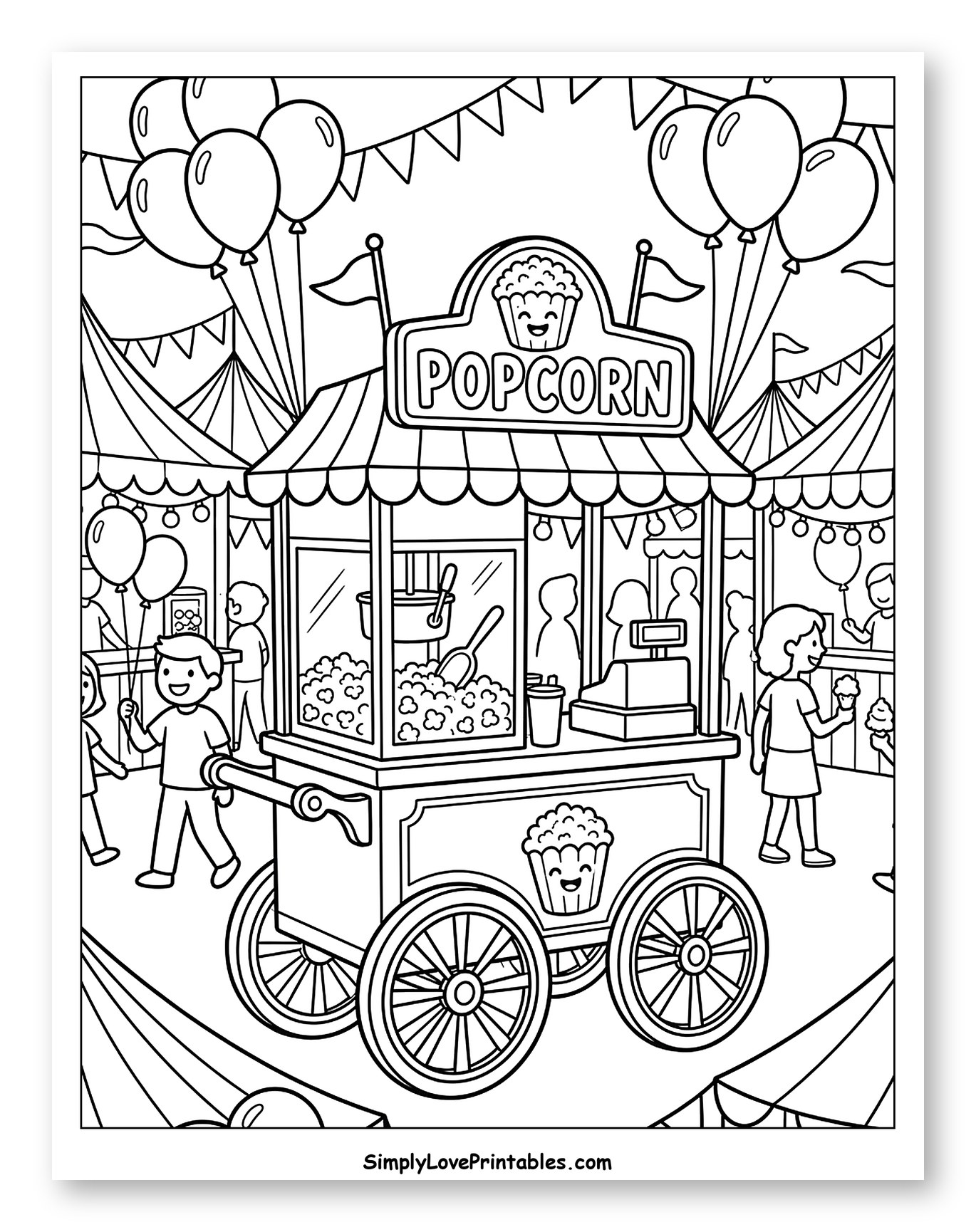 Popcorn Cart at a Lively Carnival to Color for Kids