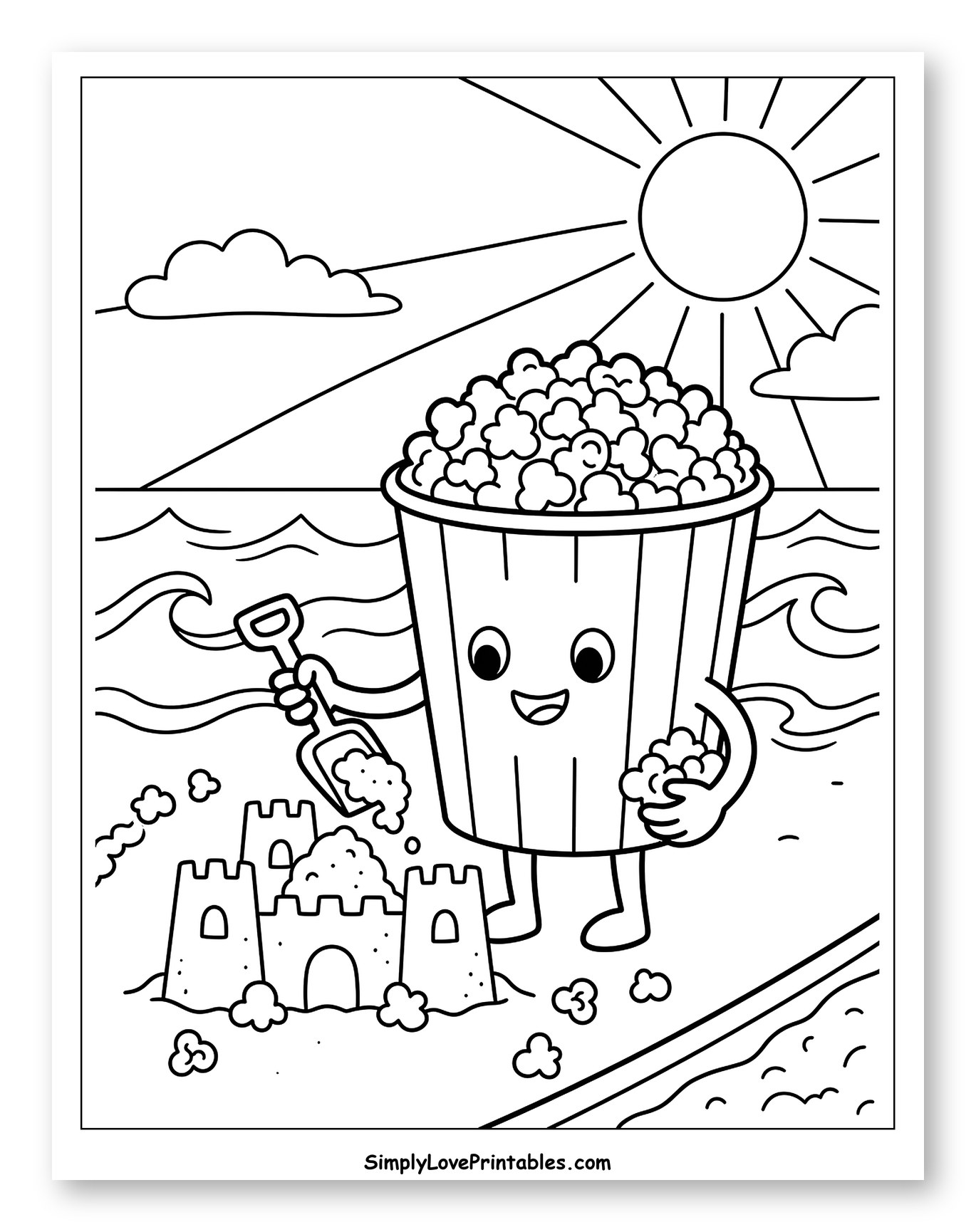 Popcorn Character Building Sandcastle on Beach