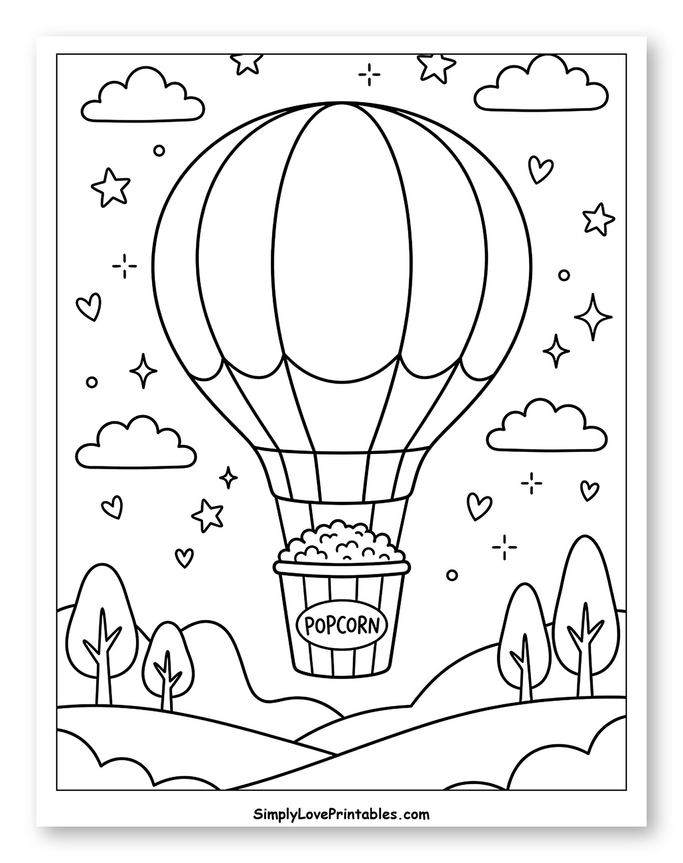 Popcorn Hot Air Balloon Flying Above Hills Coloring Sheet for Adults