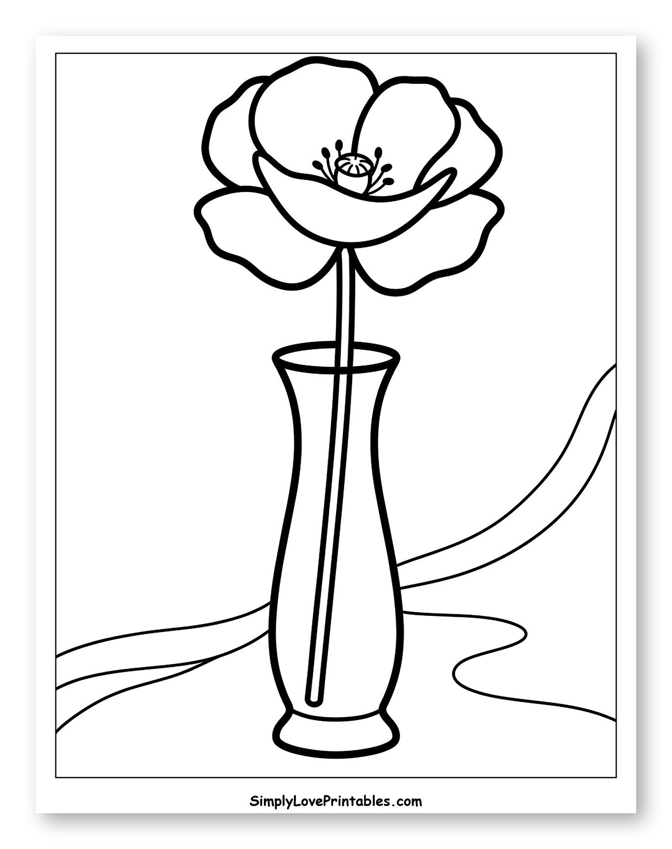 Poppy Flower in Vase with Ribbon Coloring Sheet for Toddlers