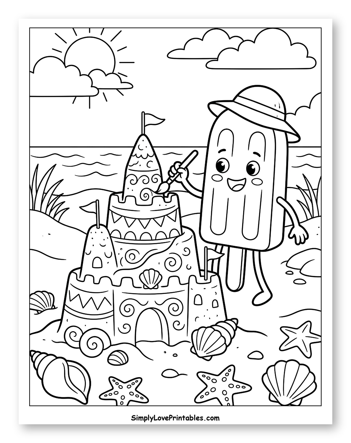 Popsicle Building a Sandcastle at the Beach Coloring Page for Kids