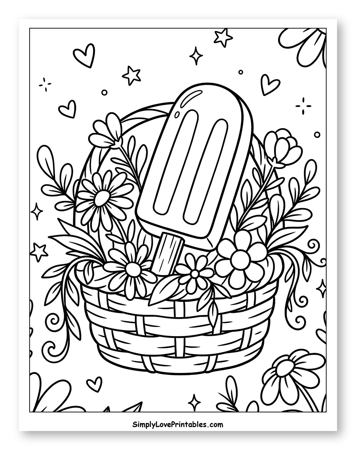 Popsicle in a Basket with Flowers Coloring Sheet for Adults