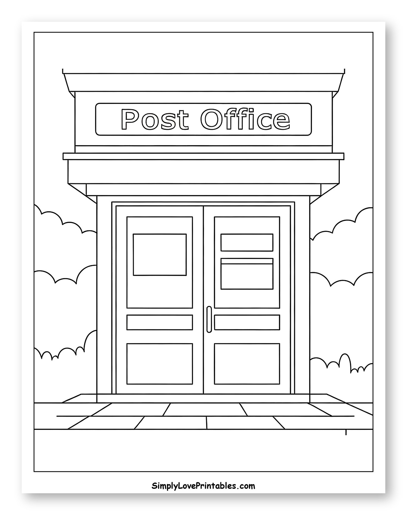 Post Office Building with Double Doors to Color for Toddlers
