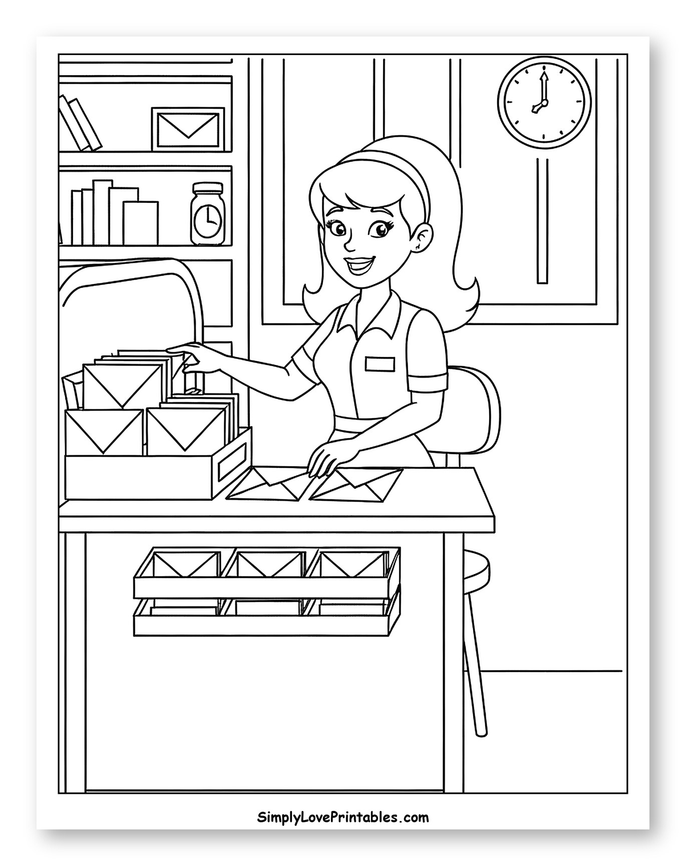 Postal Worker Sorting Letters at Desk Coloring Sheet for Kids