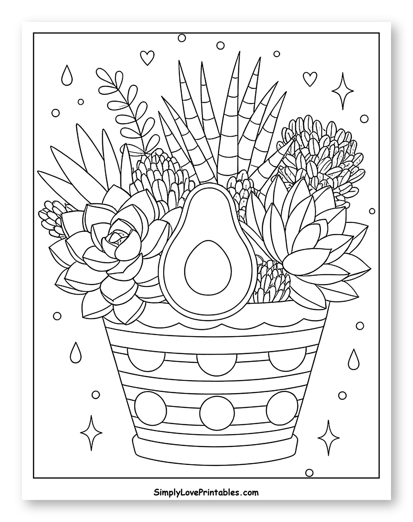 Potted Succulents and Avocado Arrangement Coloring Sheet for Adults