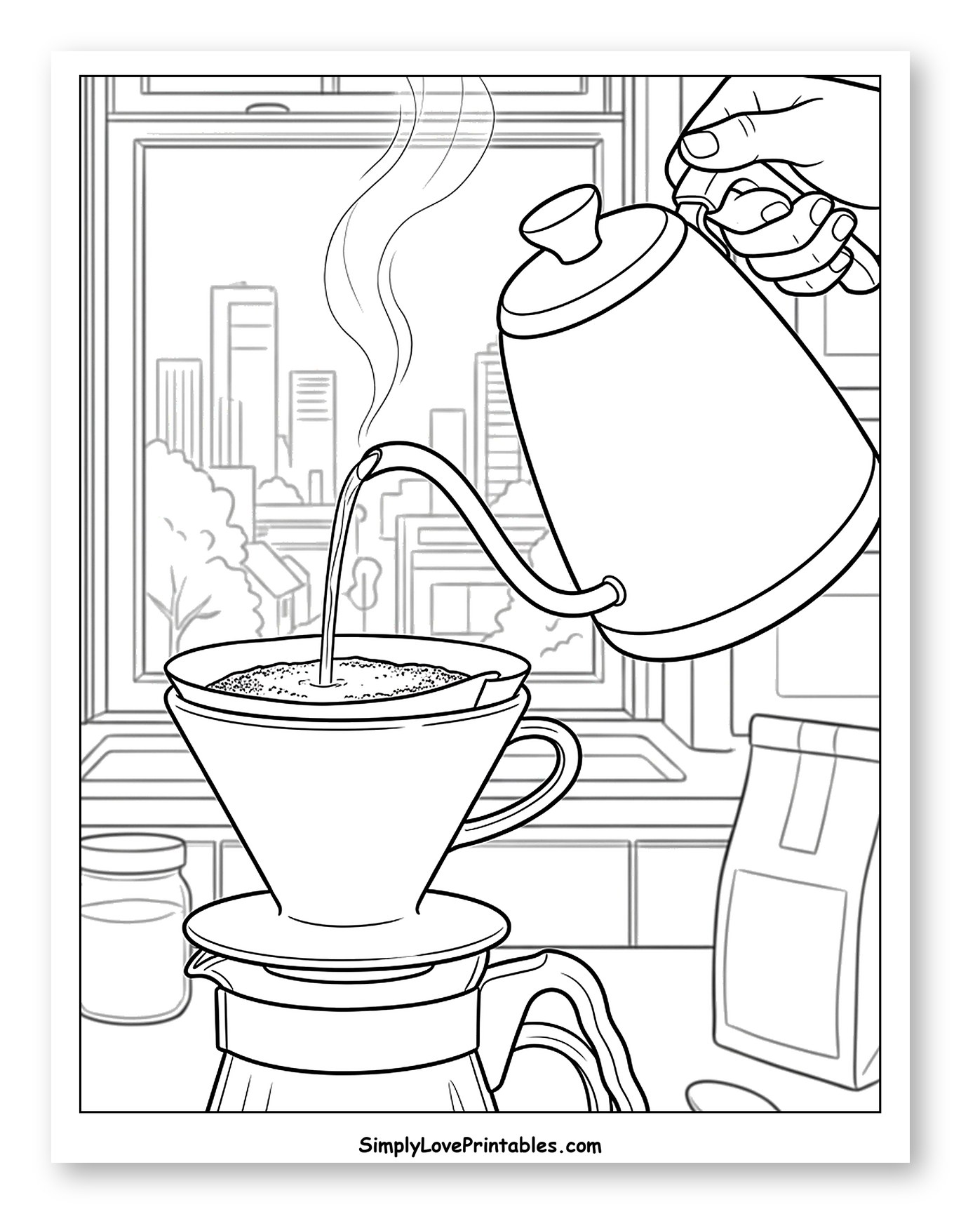 Pouring Coffee with a Gooseneck Kettle Coloring Page