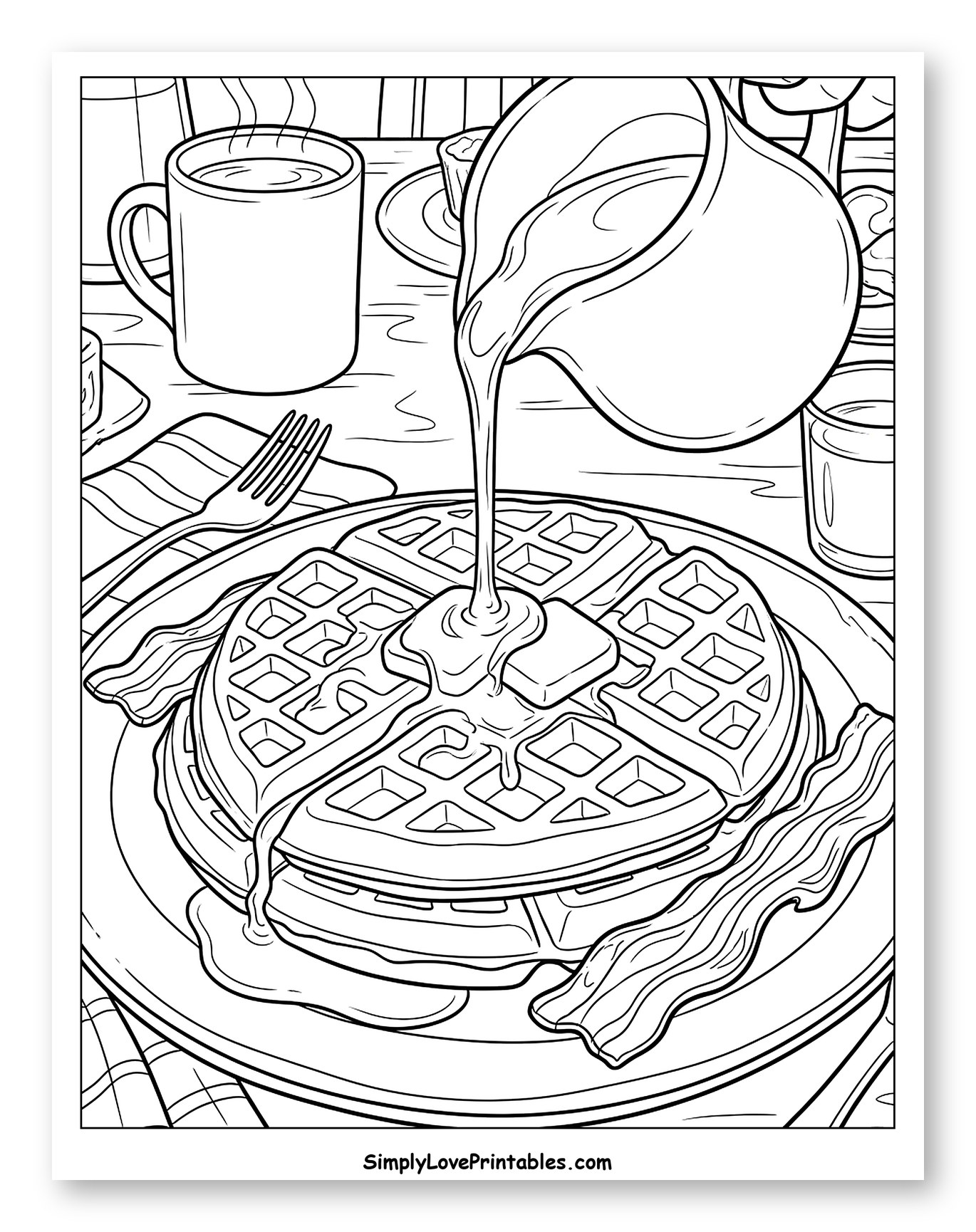Pouring Syrup on Waffles with Bacon to Color