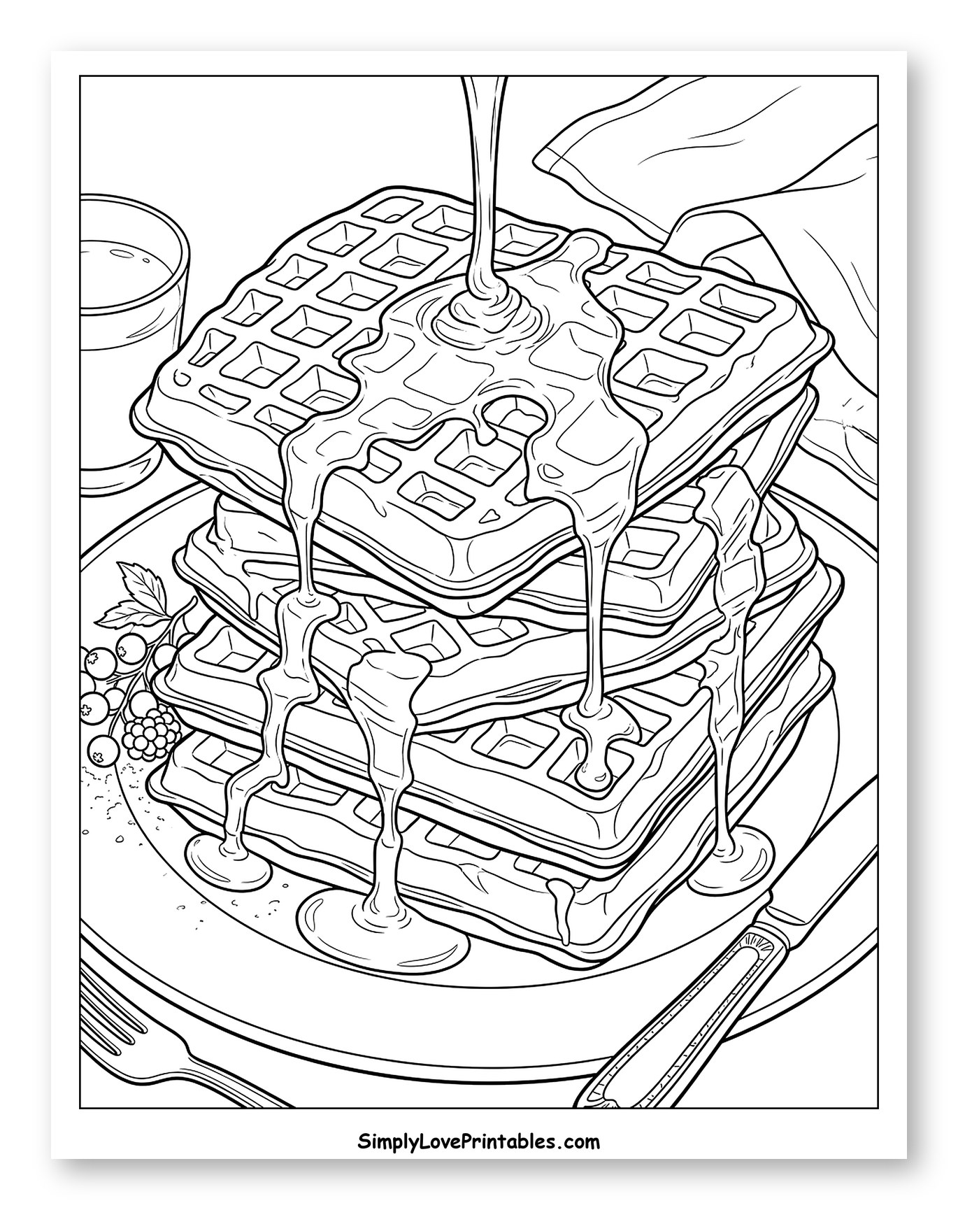 Pouring Syrup Over a Stack of Waffles Coloring Page
