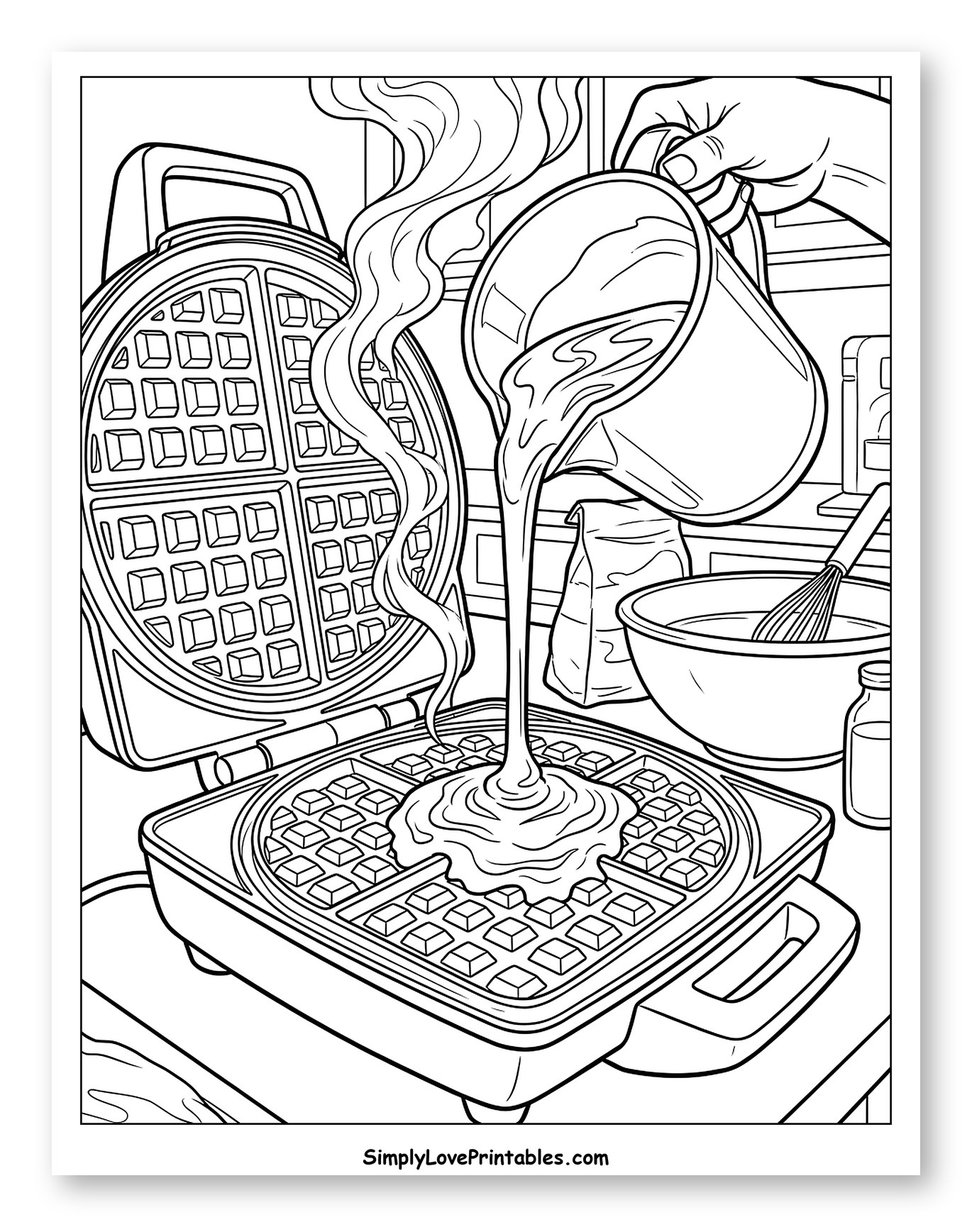 Pouring Waffle Batter into Hot Waffle Iron to Color