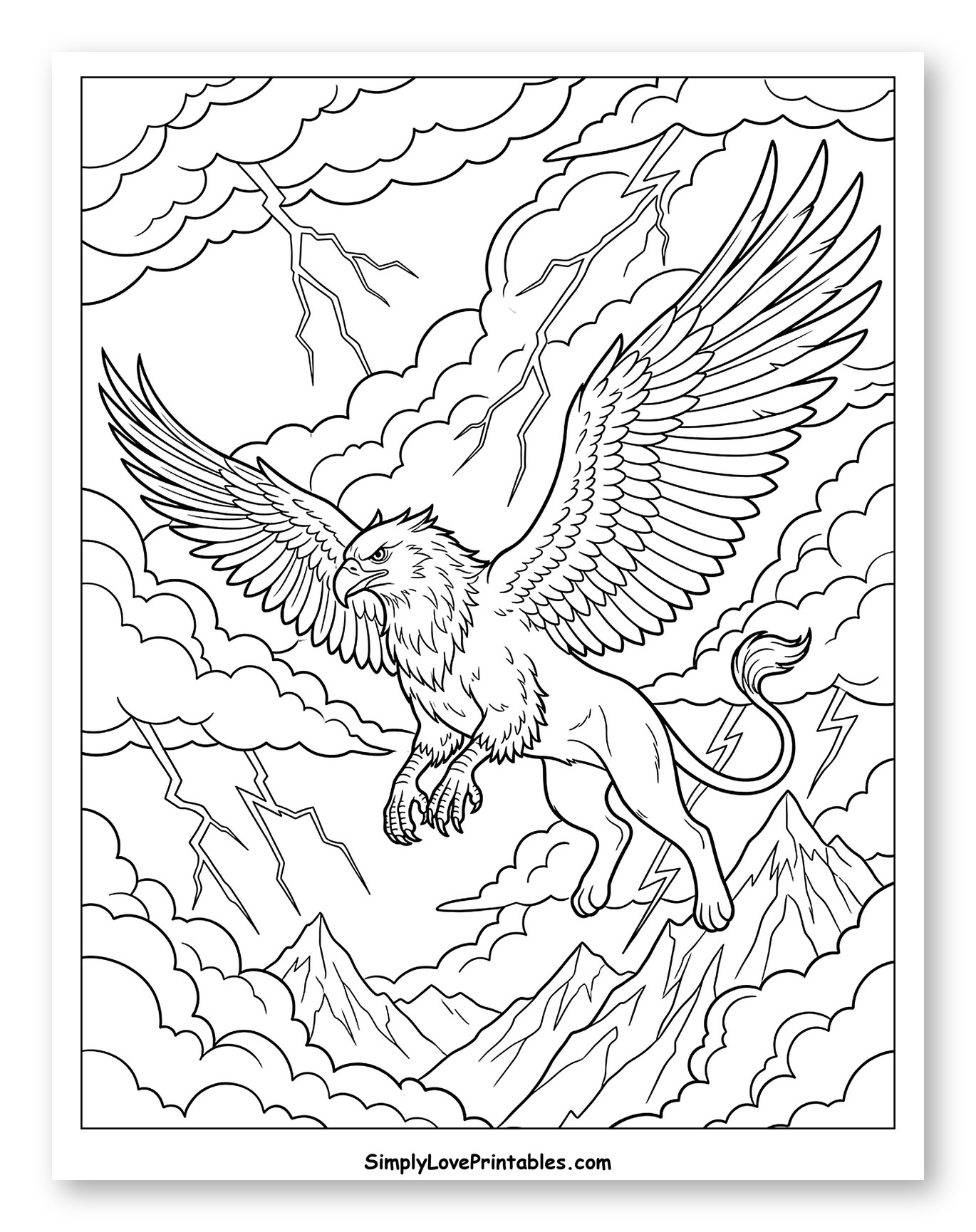 Powerful Griffin Soaring Above Storm Clouds Coloring Sheet