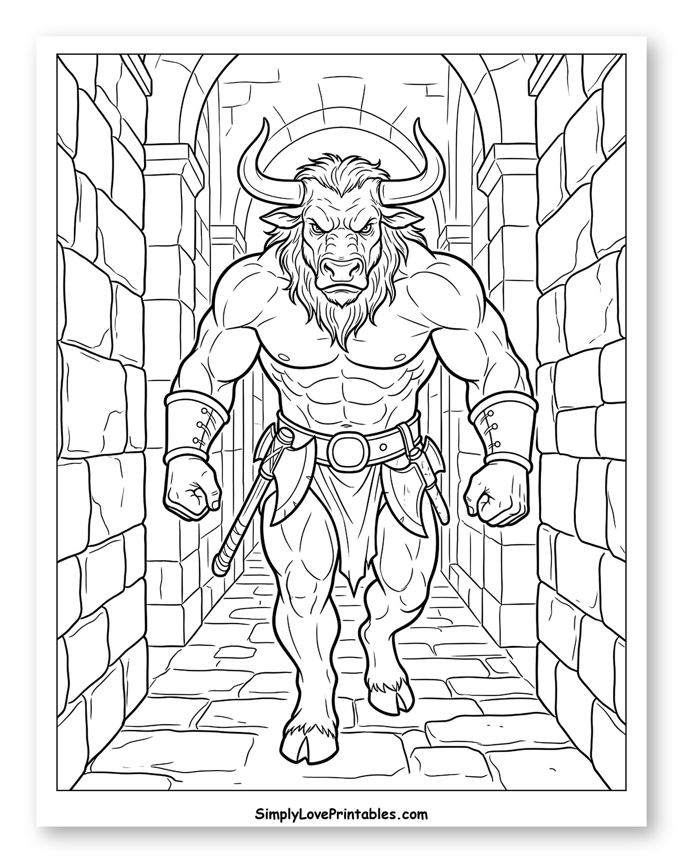 Powerful Minotaur in an Ancient Labyrinth to Color