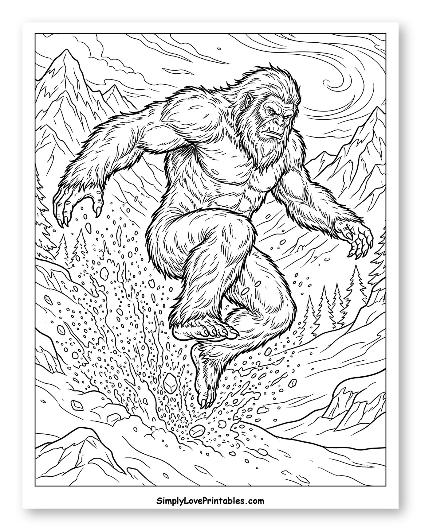 Powerful Yeti Leaping in Snowy Mountains Coloring Sheet