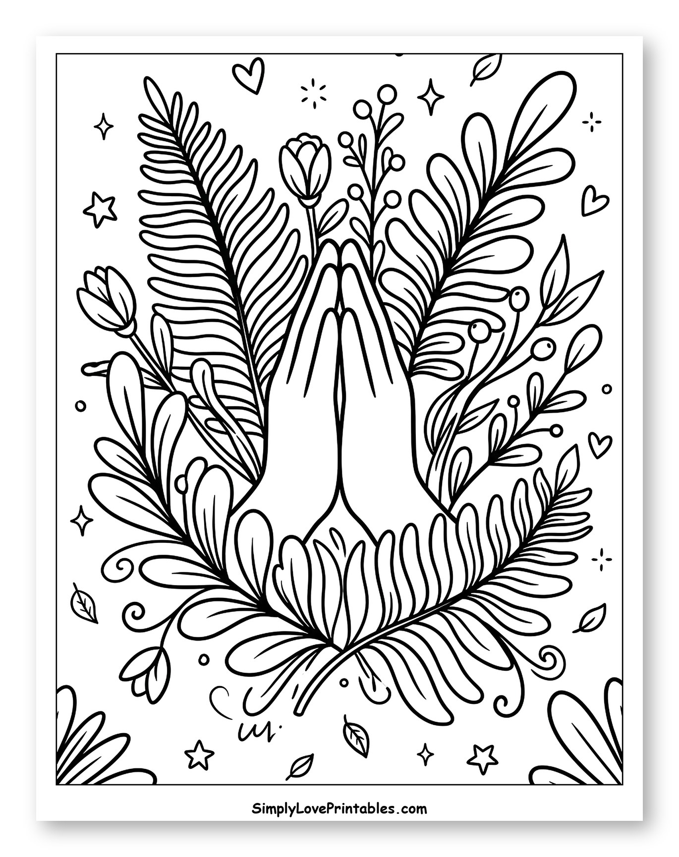 Praying Hands Amidst Lush Floral Design Coloring Sheet for Adults
