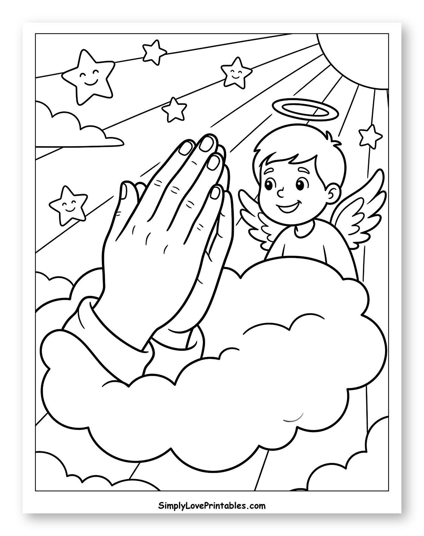 Praying Hands, Angel, Sun, and Smiling Stars Coloring Page for Kids