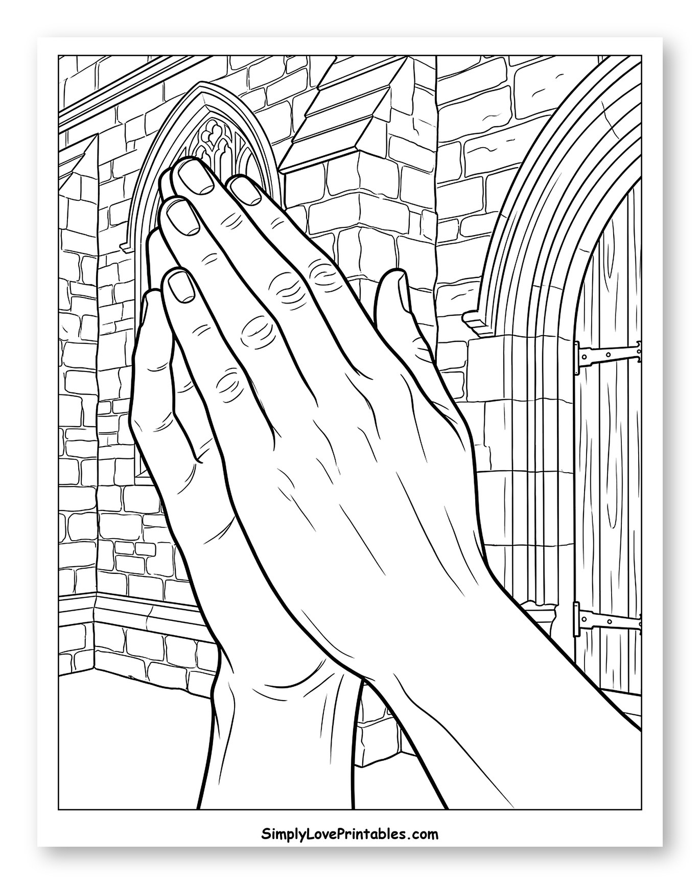 Praying Hands Before a Stone Church to Color