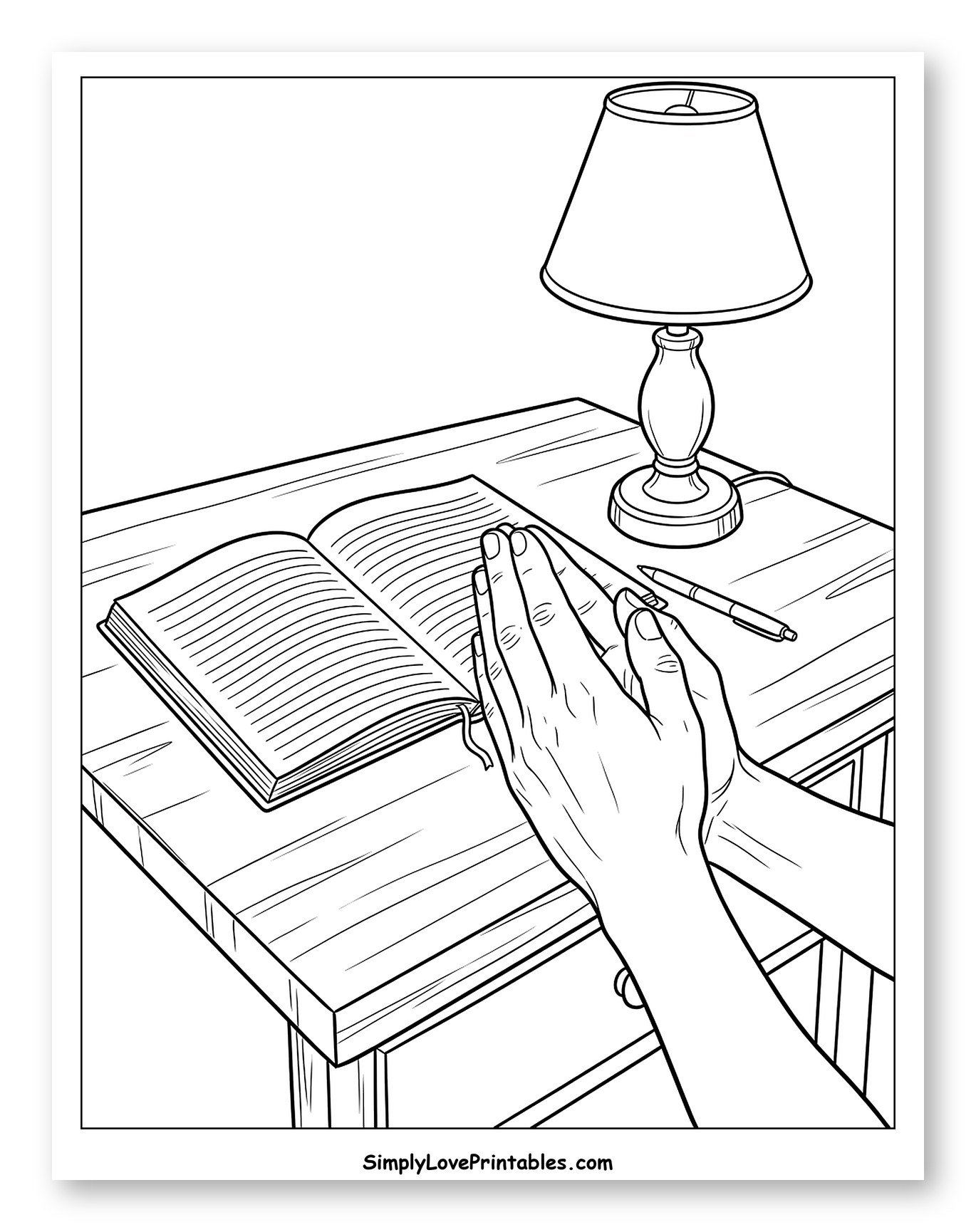 Praying Hands Beside an Open Book Coloring Page