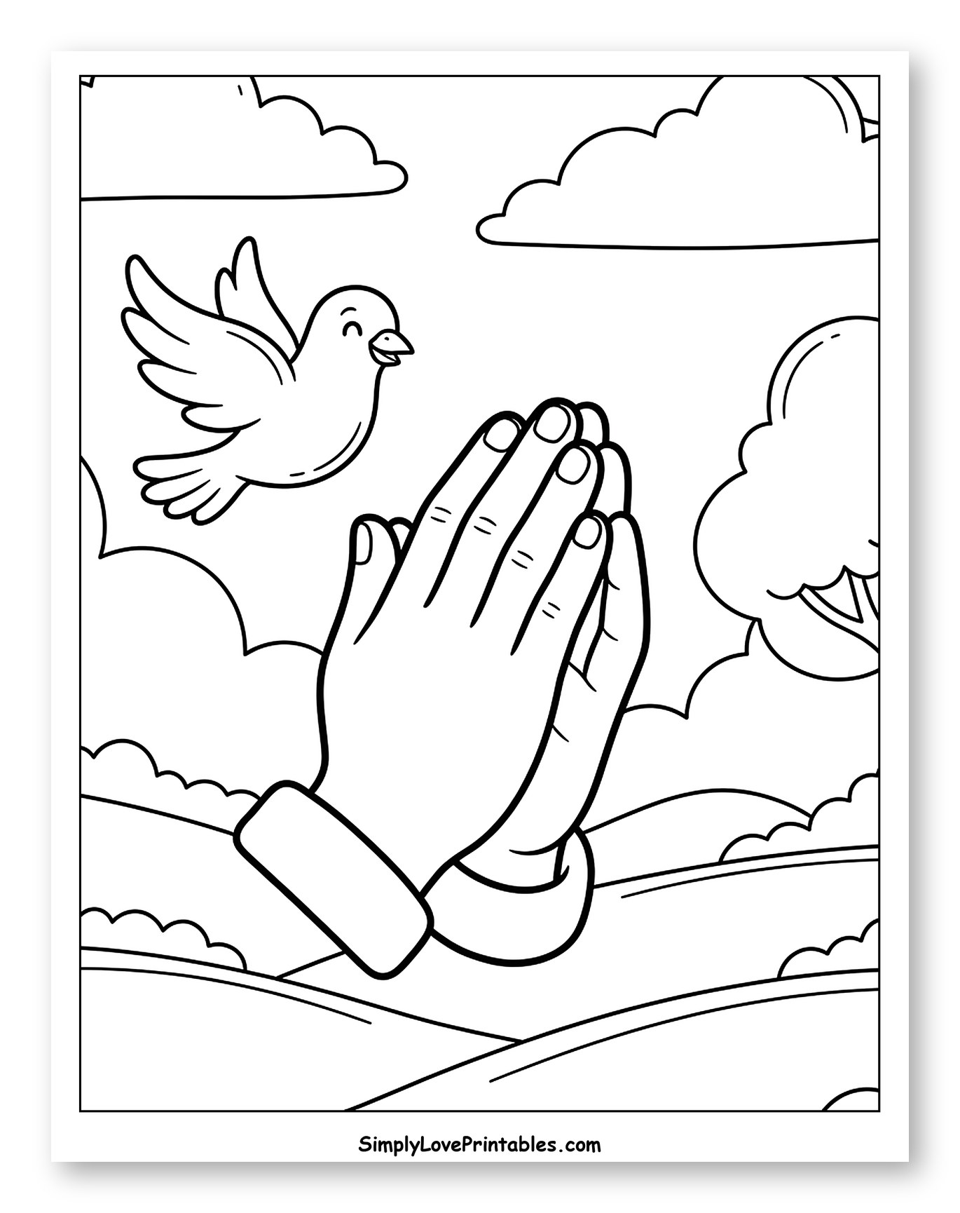 Praying Hands, Flying Dove, and Sunny Sky Coloring Page for Kids