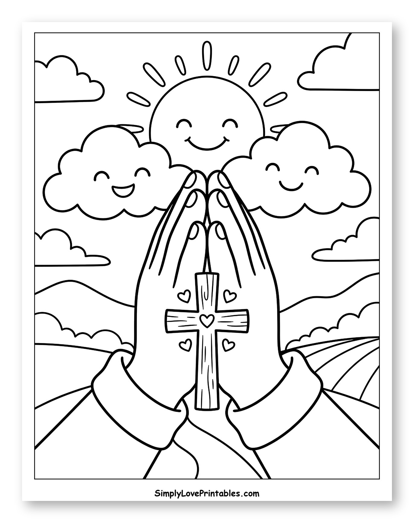 Praying Hands Holding Cross Under Smiling Sky to Color for Kids