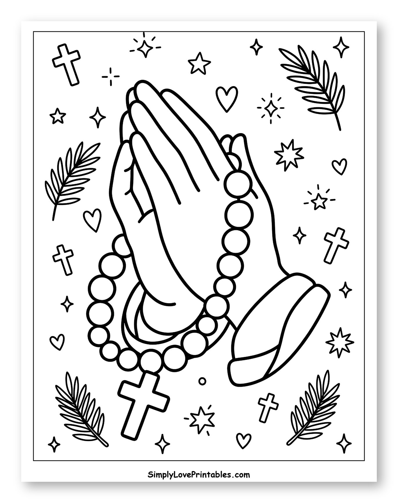 Praying Hands Holding Rosary with Crosses and Palms Coloring Page for Adults