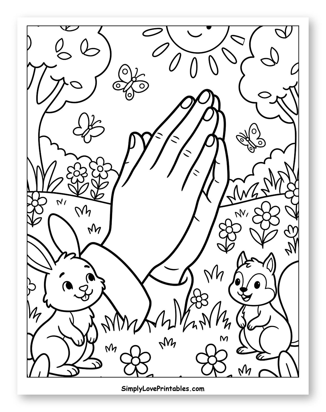 Praying Hands in a Sunny Garden with Animals