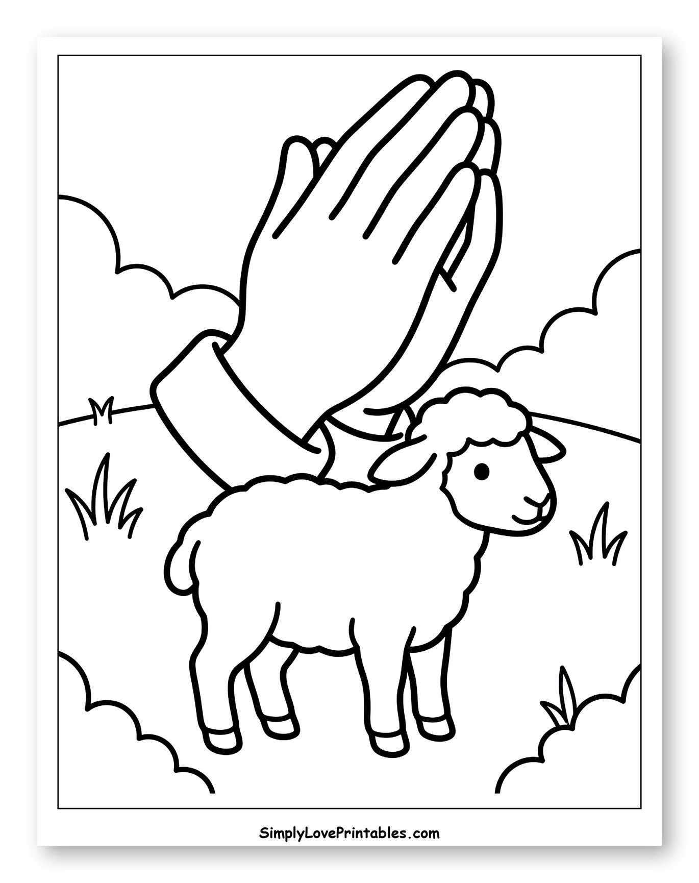 Praying Hands Over a Peaceful Lamb Coloring Sheet for Toddlers