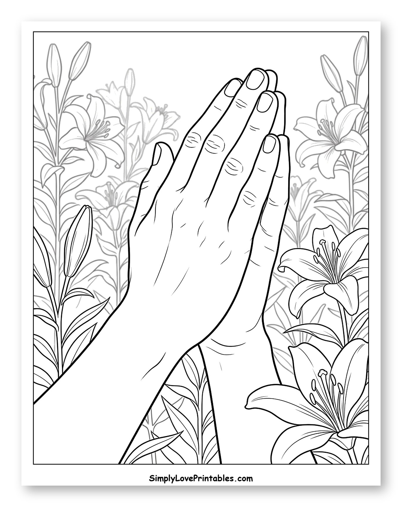 Praying Hands Surrounded by Lily Flowers to Color