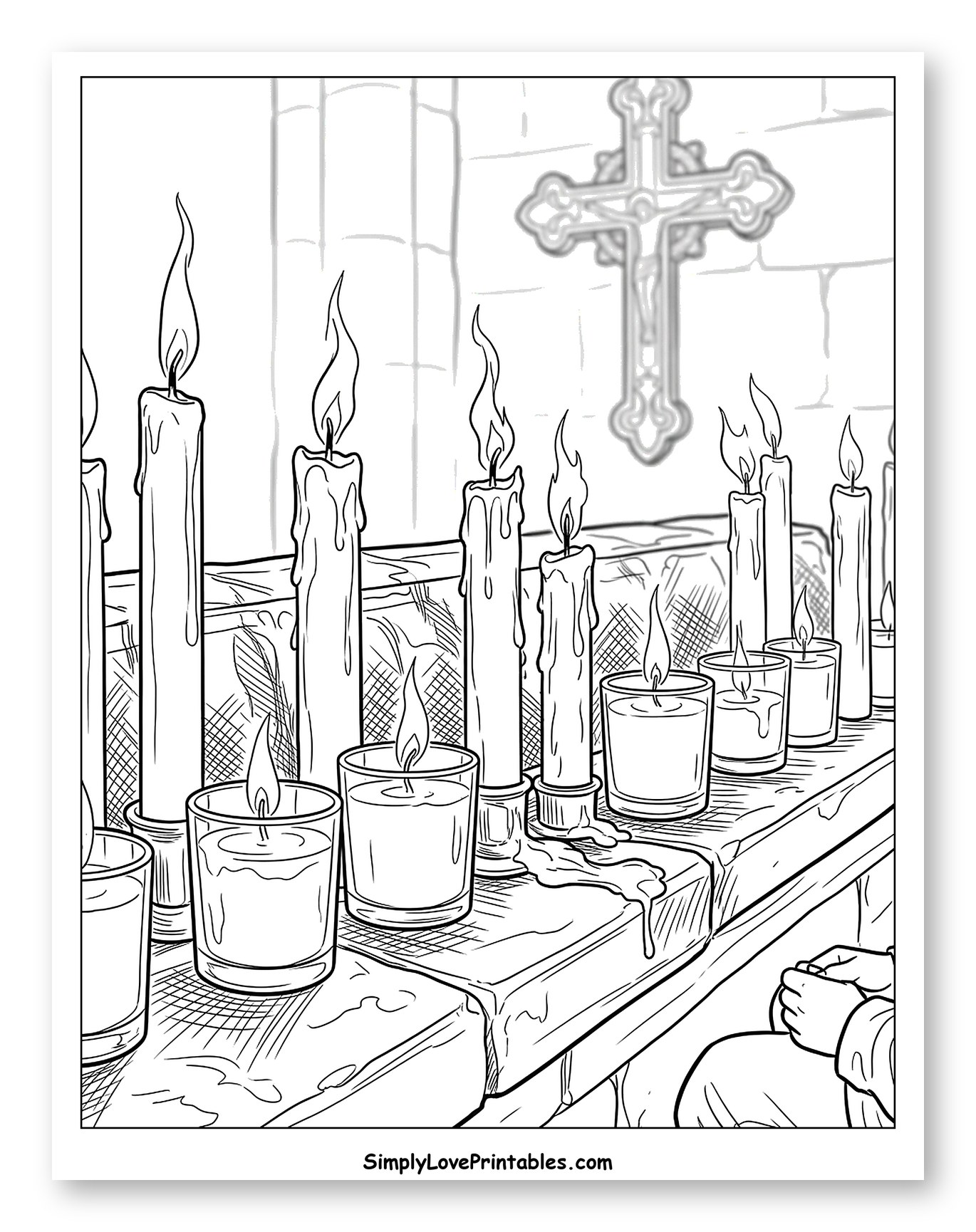 Praying Hands with Candles and Crucifix Coloring Sheet