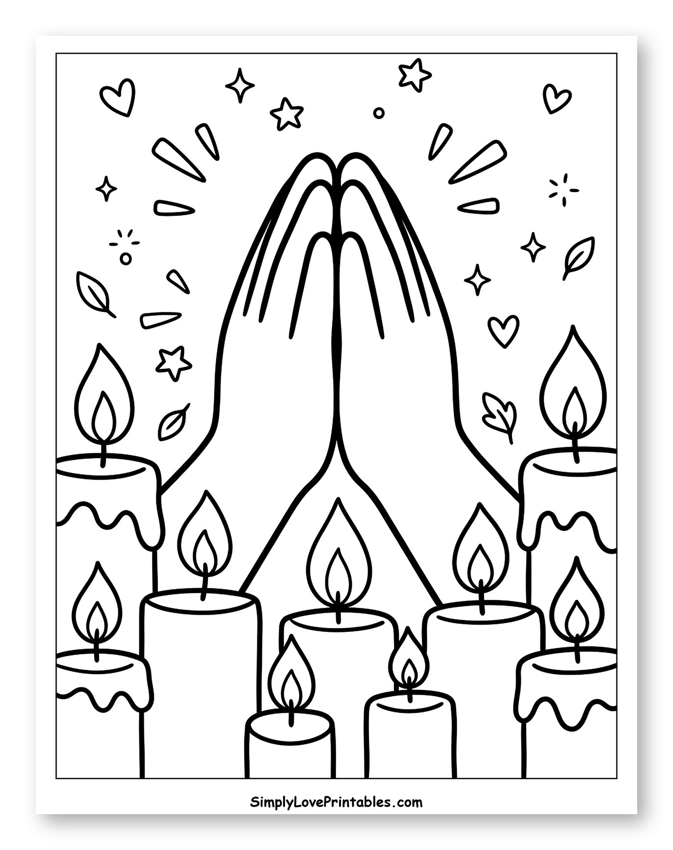 Praying Hands with Candles and Stars to Color for Adults
