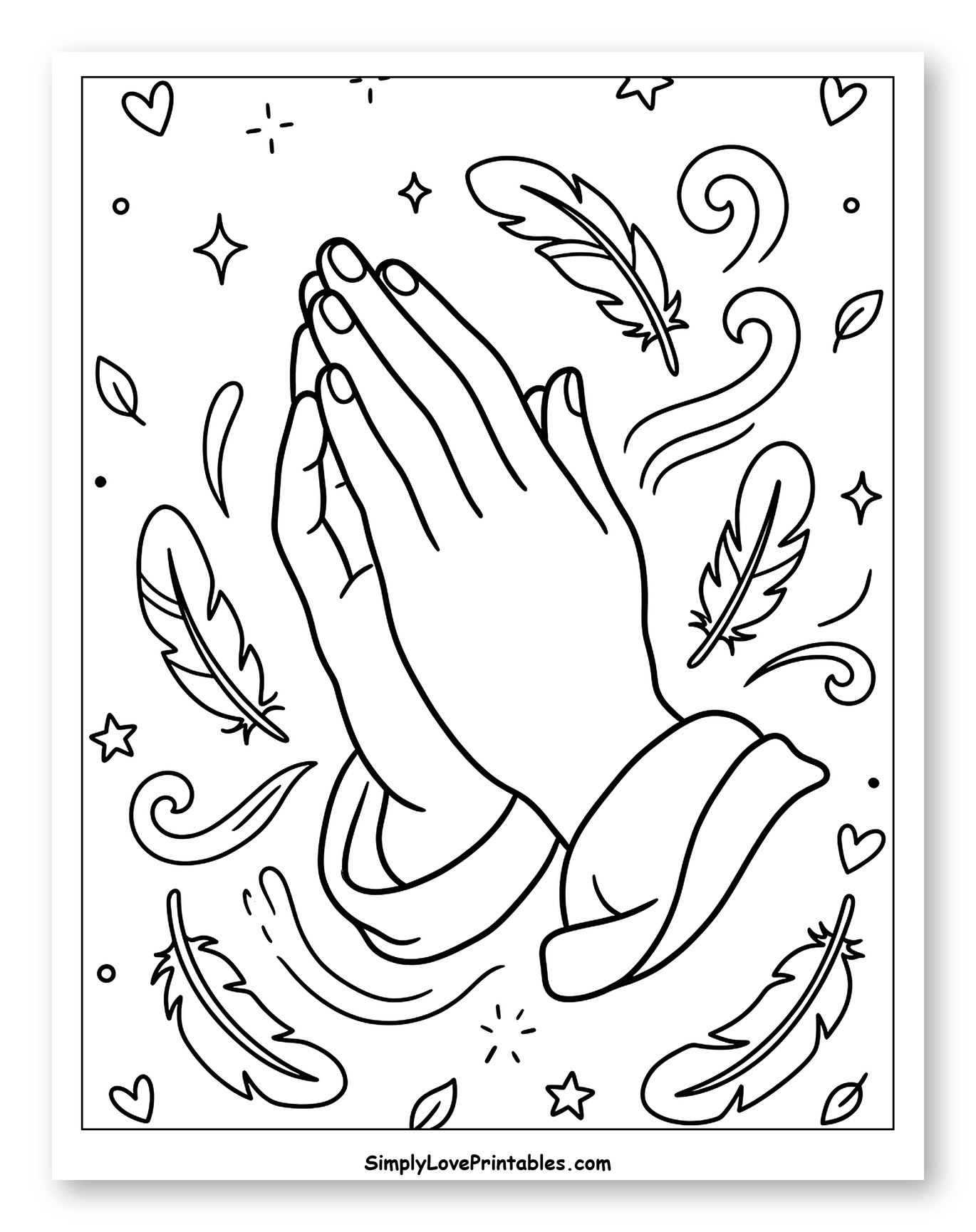 Praying Hands with Feathers and Stars Coloring Sheet for Adults