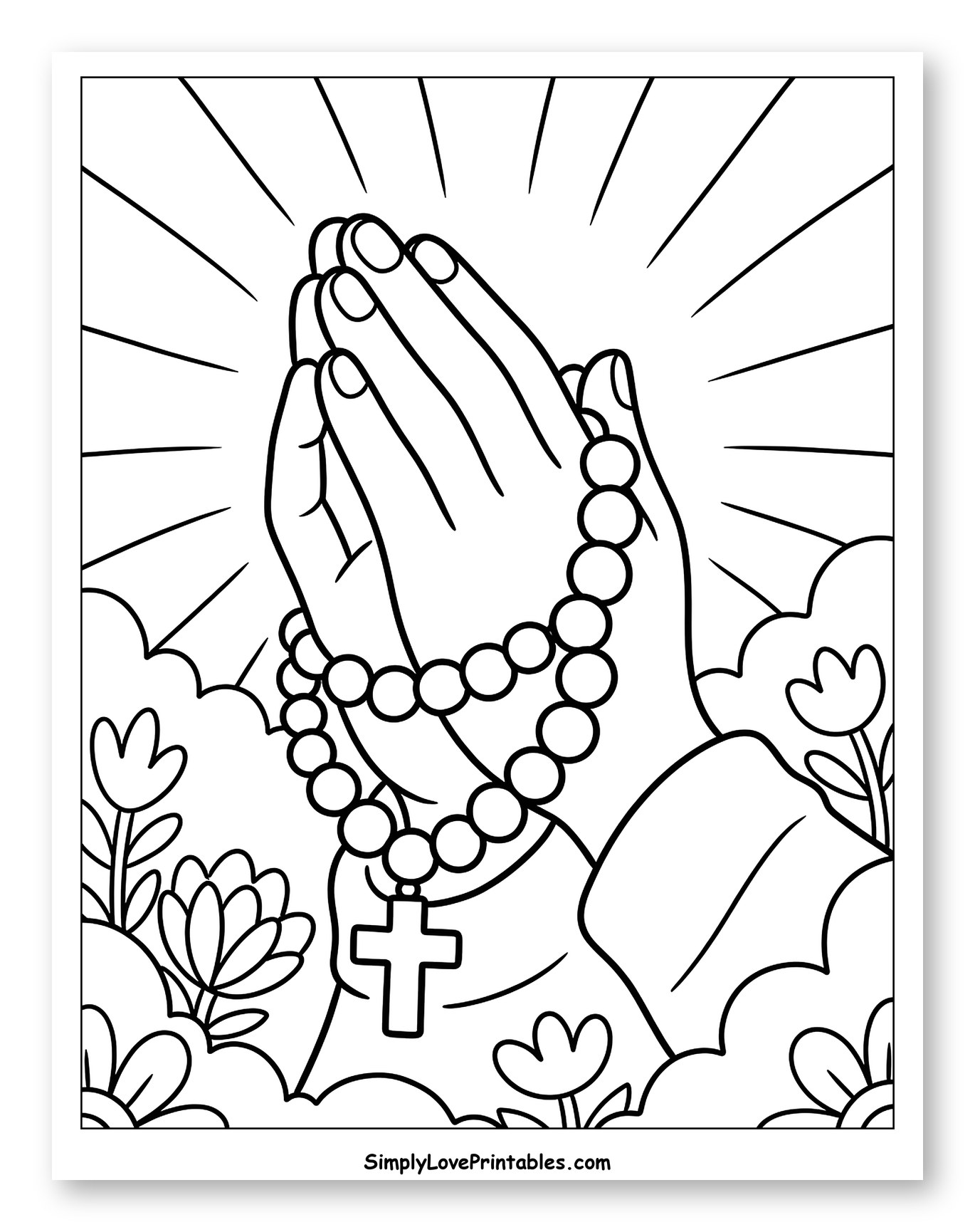 Praying Hands with Rosary and Flowers