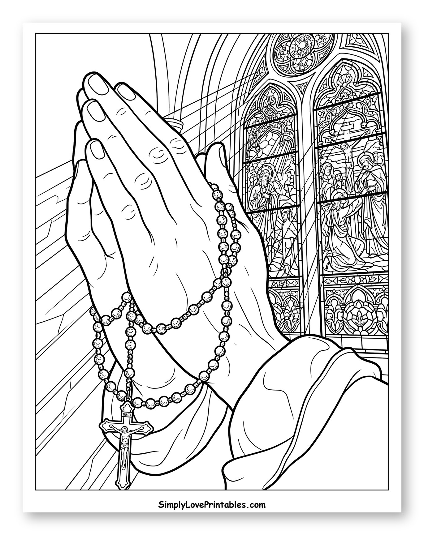 Praying Hands with Rosary and Stained Glass Coloring Sheet