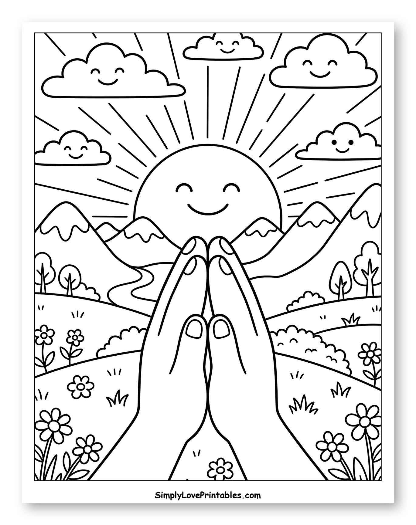 Praying Hands with Smiling Sun and Mountains