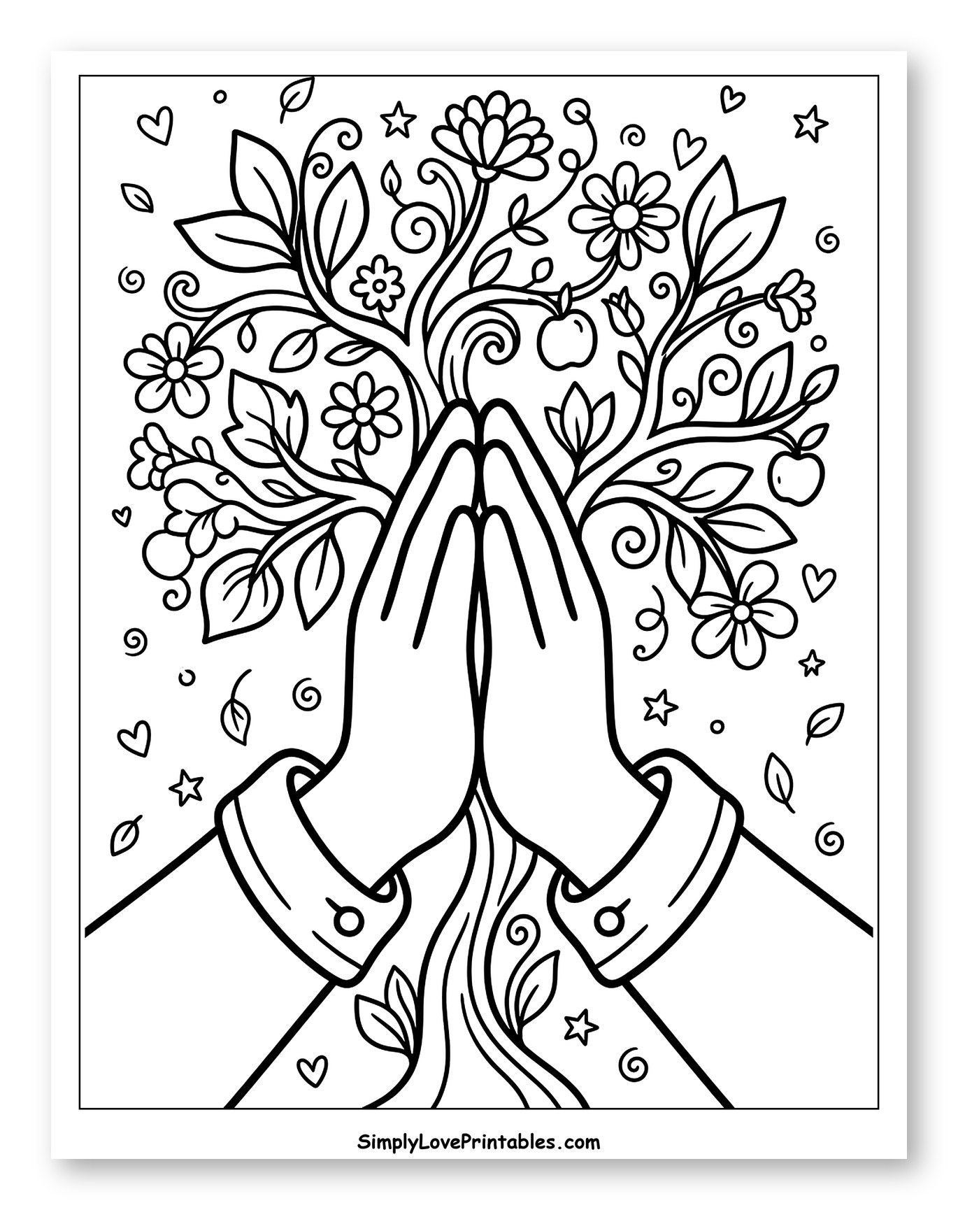 Praying Hands with Sprouting Flowers and Apples Coloring Page for Adults