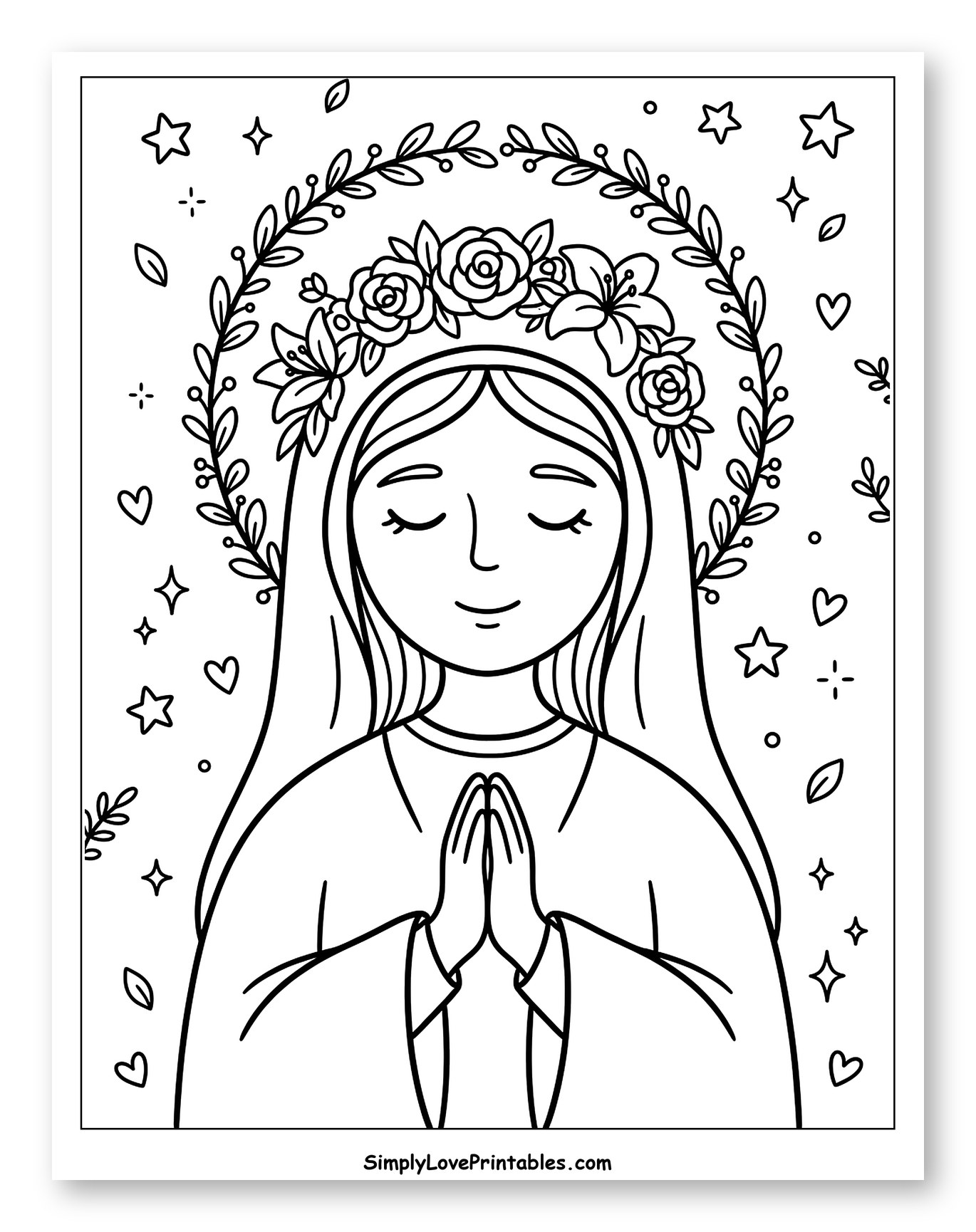 Praying Virgin Mary with Floral Wreath Coloring Page for Adults